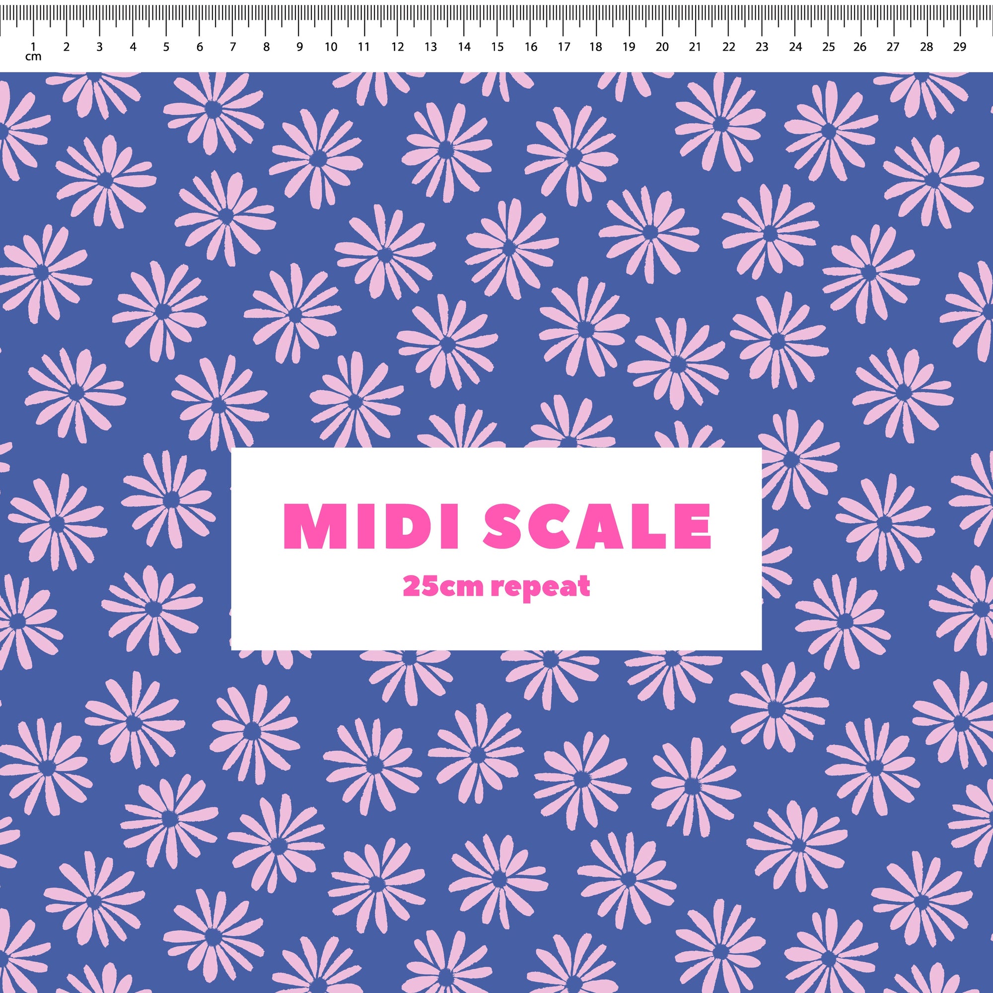 Halo Daisy (Blueberry) fabric design by Rachel Parker in 25cm Midi Scale
