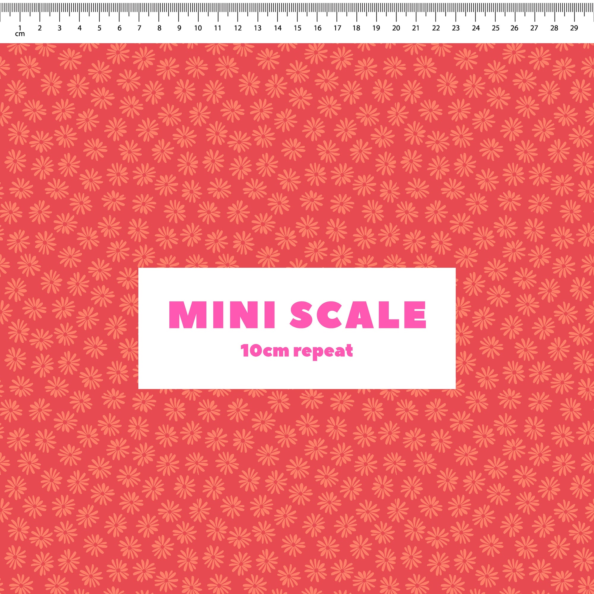 Halo Daisy (Tangerine) printed cotton fabric by Rachel Parker in 10cm Mini Scale