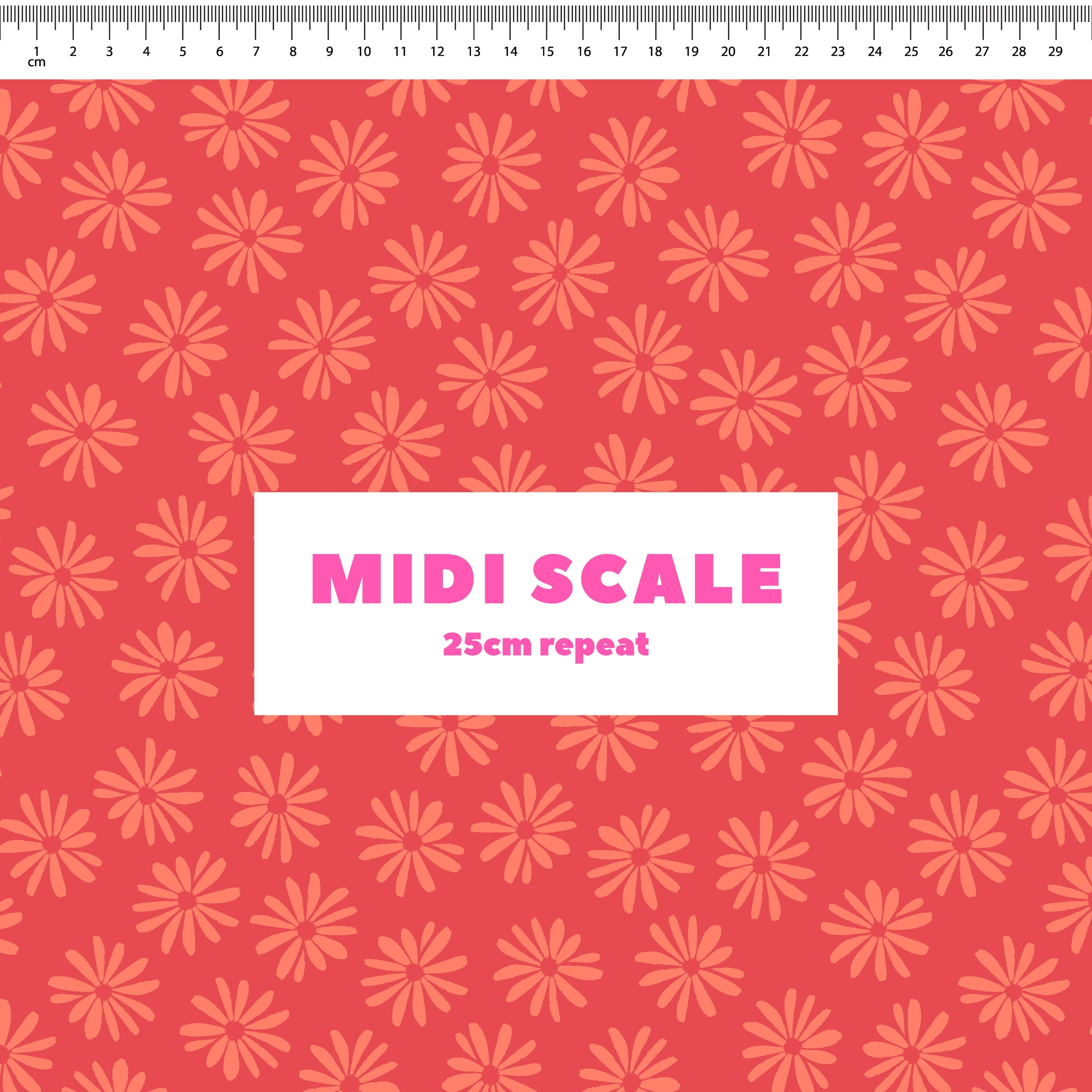 Halo Daisy (Tangerine) fabric design by Rachel Parker in 25cm Midi Scale
