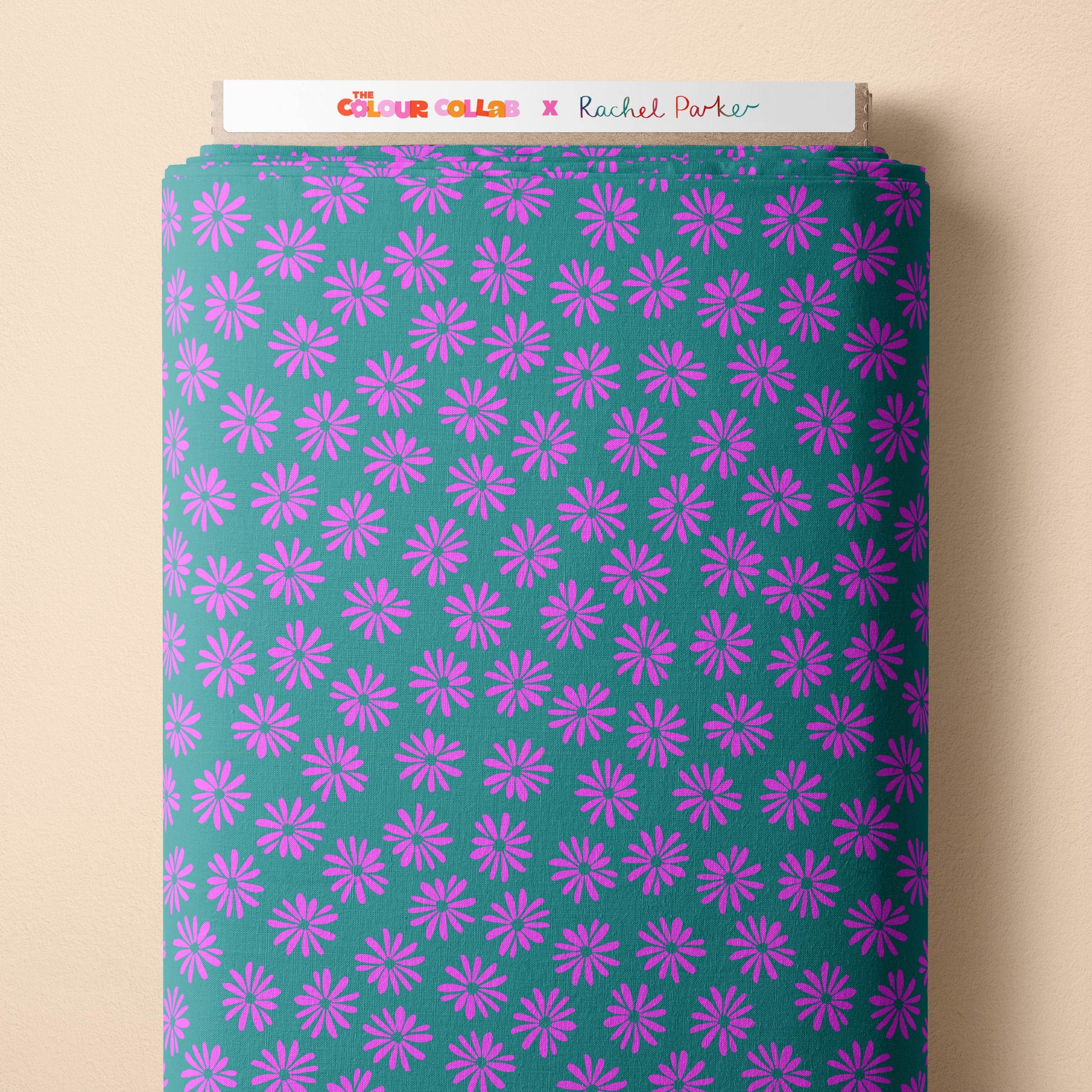 Halo Daisy (Dusty Teal) fabric by Rachel Parker mock up on fabric bolt