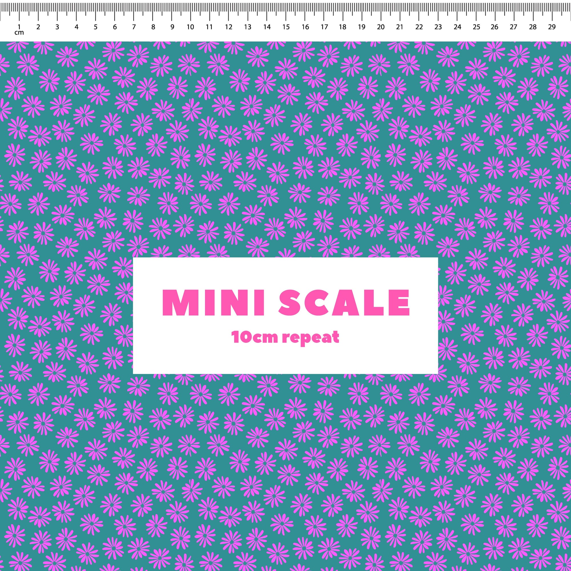 Halo Daisy (Dusty Teal) printed cotton fabric by Rachel Parker in 10cm Mini Scale