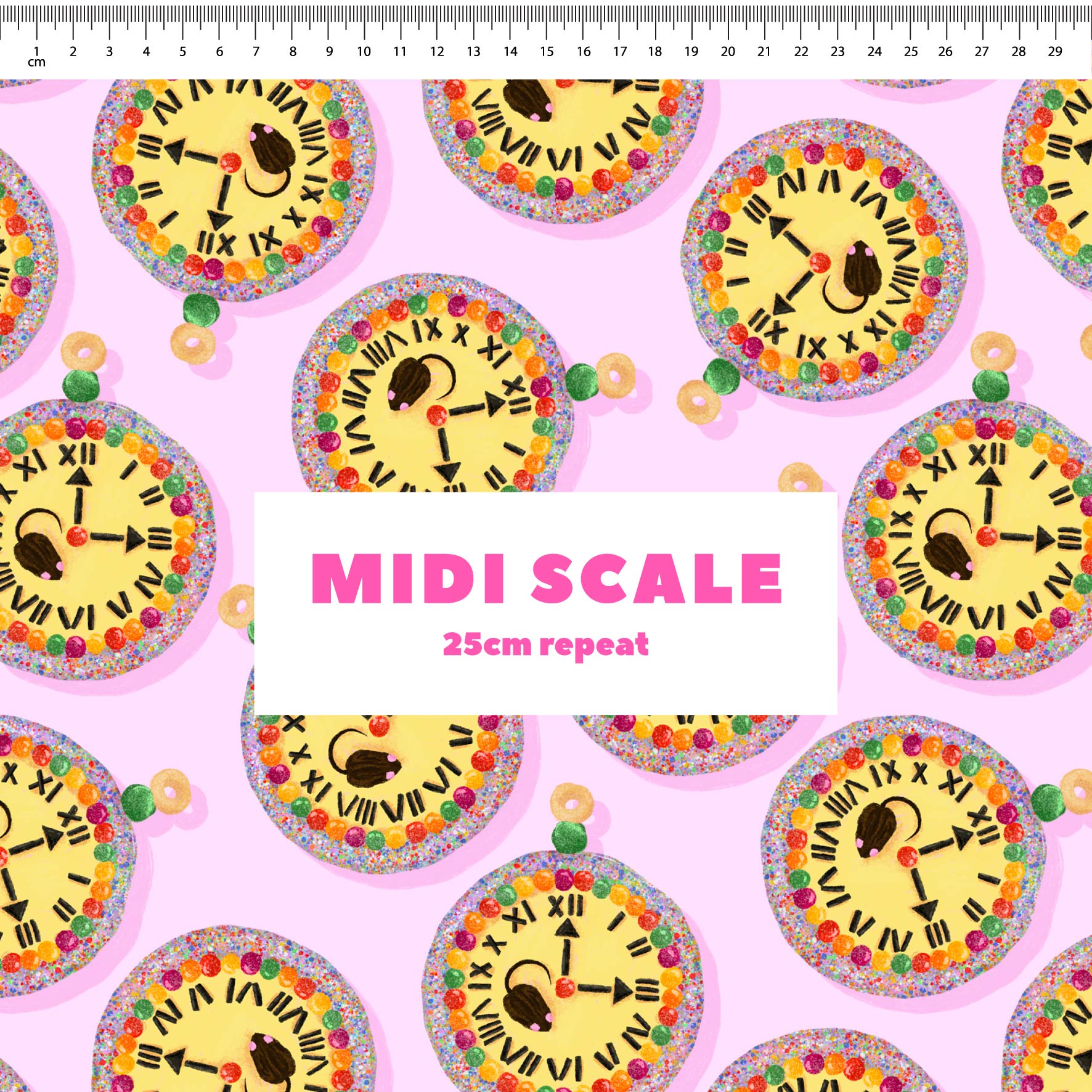 Preorder Fabric: Hickory Dickory Clock (Pink)