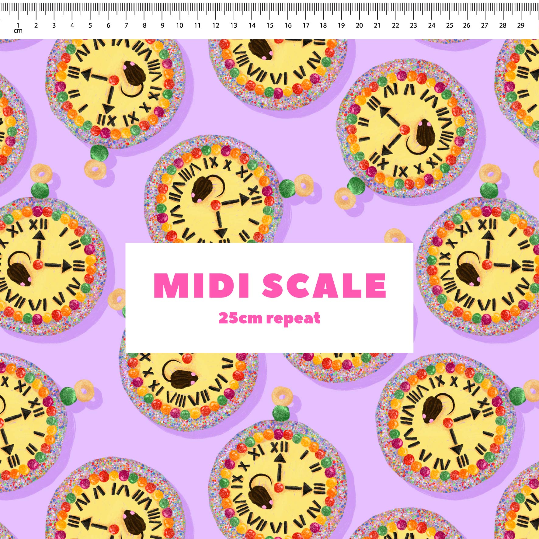 Preorder Fabric: Hickory Dickory Clock (Purple)