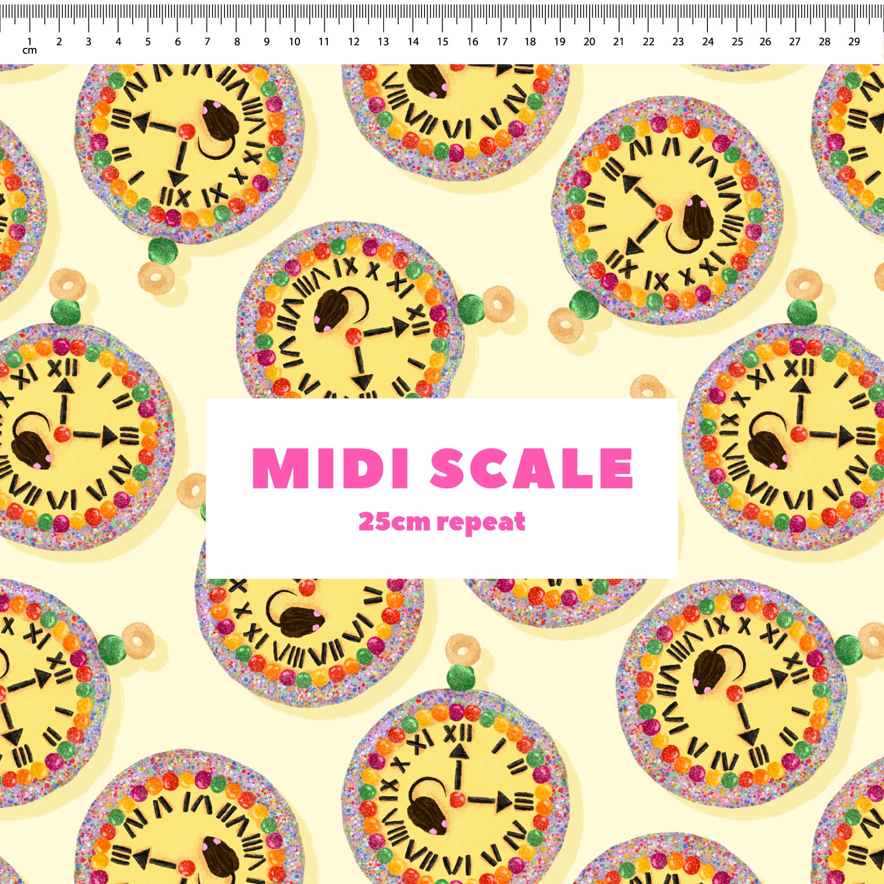 Preorder Fabric: Hickory Dickory Clock (Yellow)
