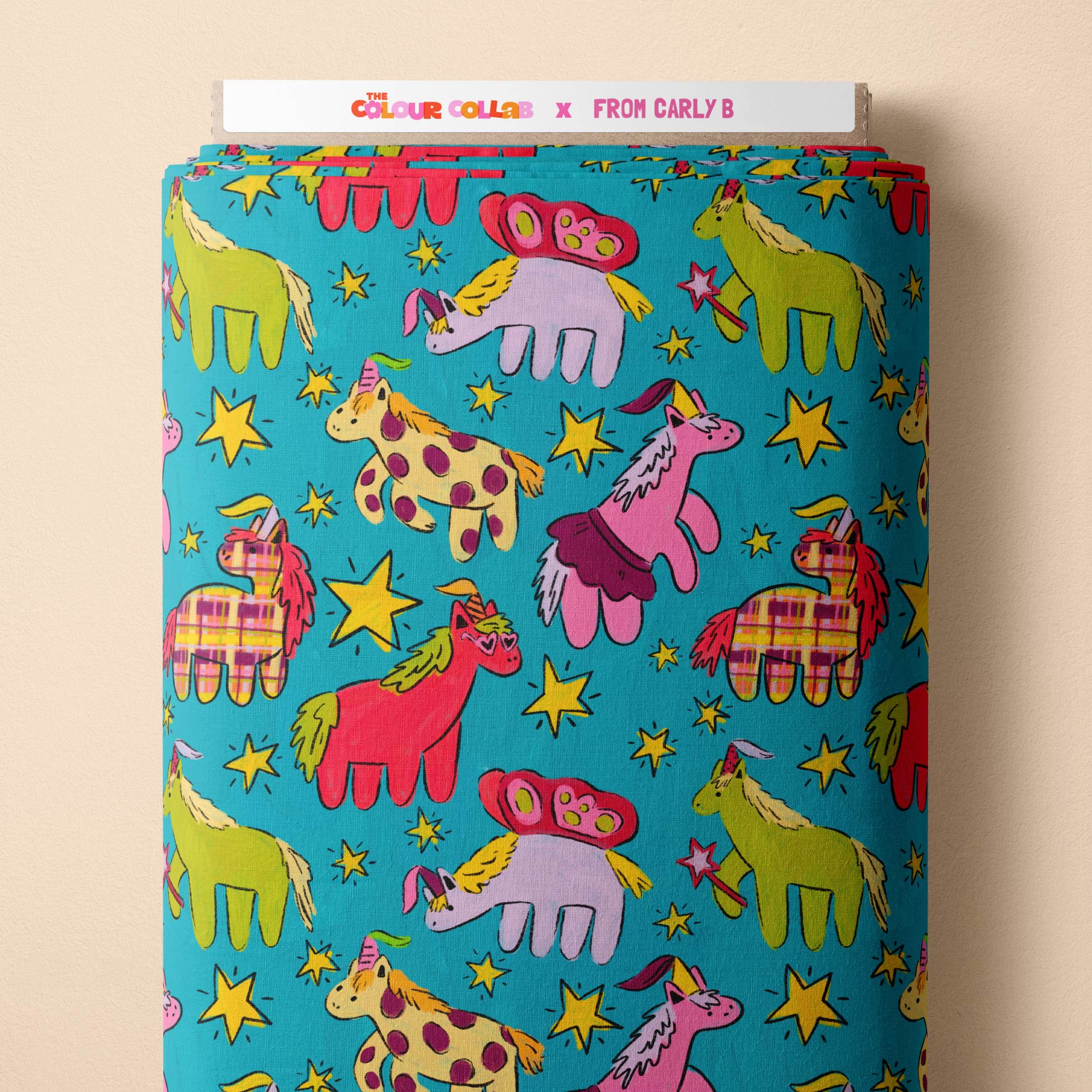 Horsey Kingdom fabric by Carly B mock up on fabric bolt