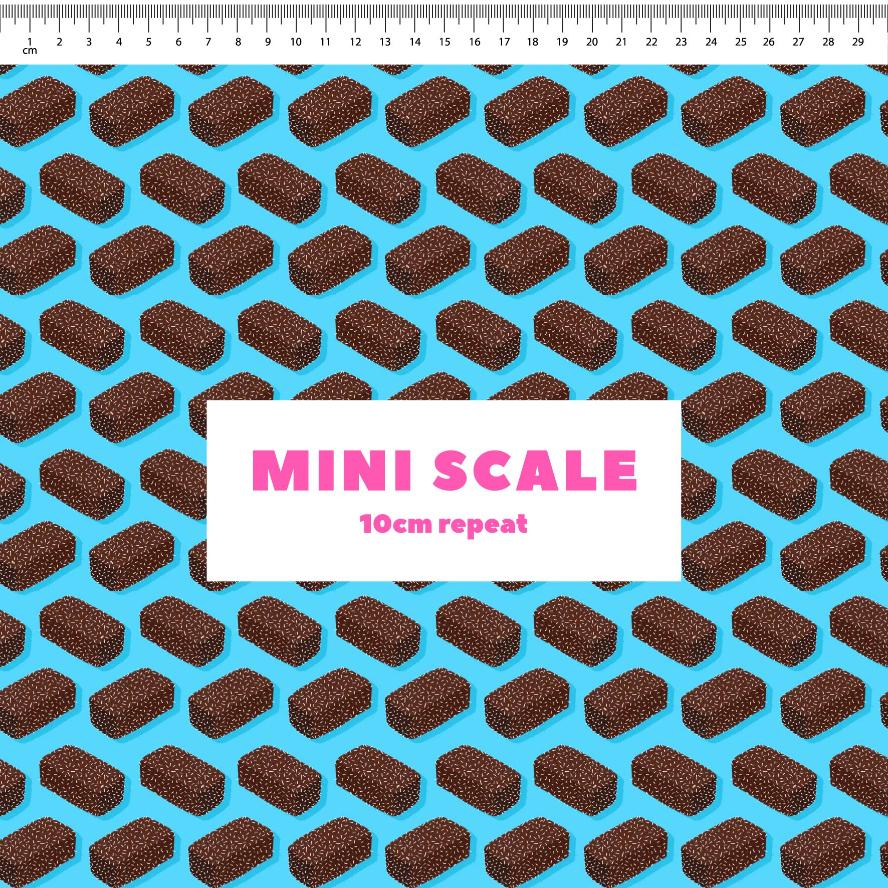 Lamingtons (Blue) printed cotton fabric by The Colour Collab in 10cm Mini Scale