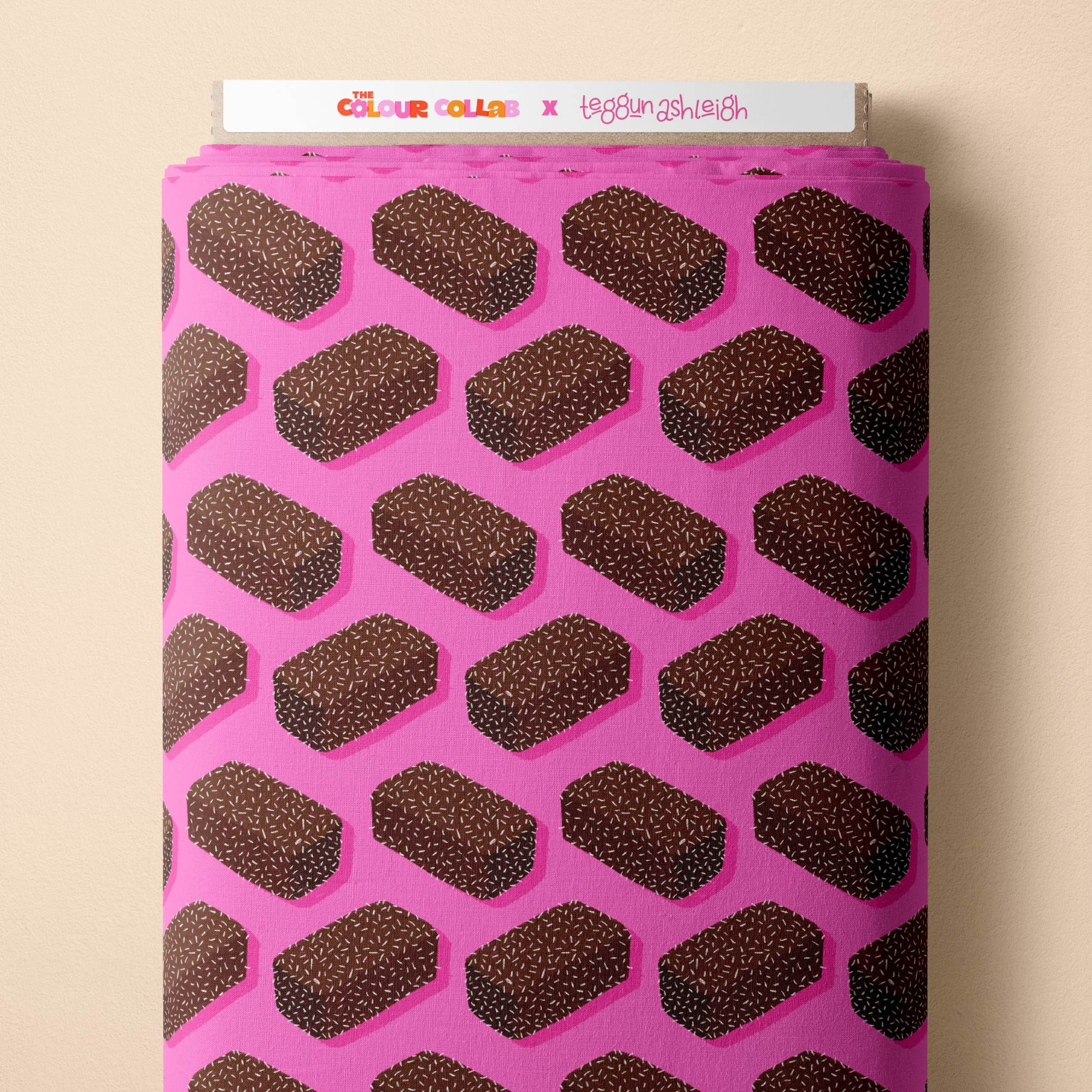 Lamingtons (Pink) fabric by The Colour Collab mock up on fabric bolt