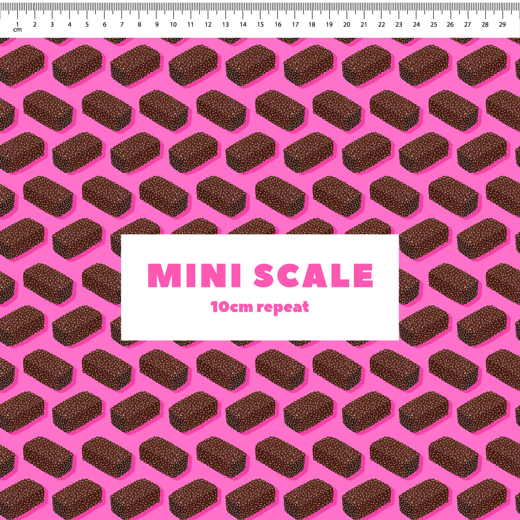 Lamingtons (Pink) printed cotton fabric by The Colour Collab in 10cm Mini Scale