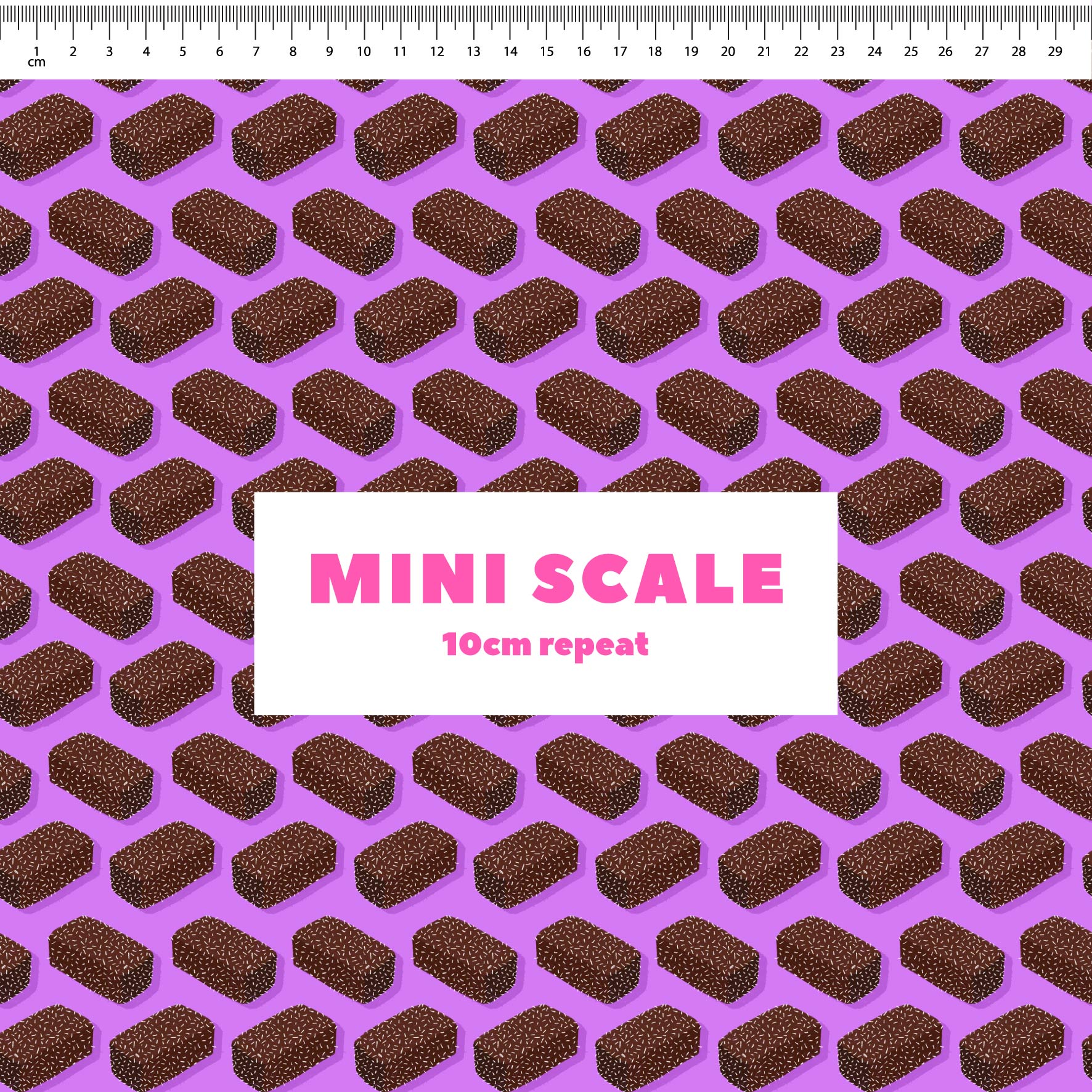 Lamingtons (Purple) printed cotton fabric by The Colour Collab in 10cm Mini Scale
