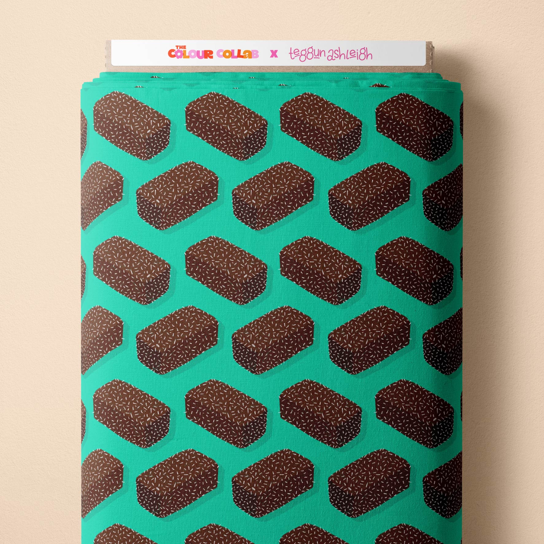 Lamingtons (Teal) fabric by The Colour Collab mock up on fabric bolt