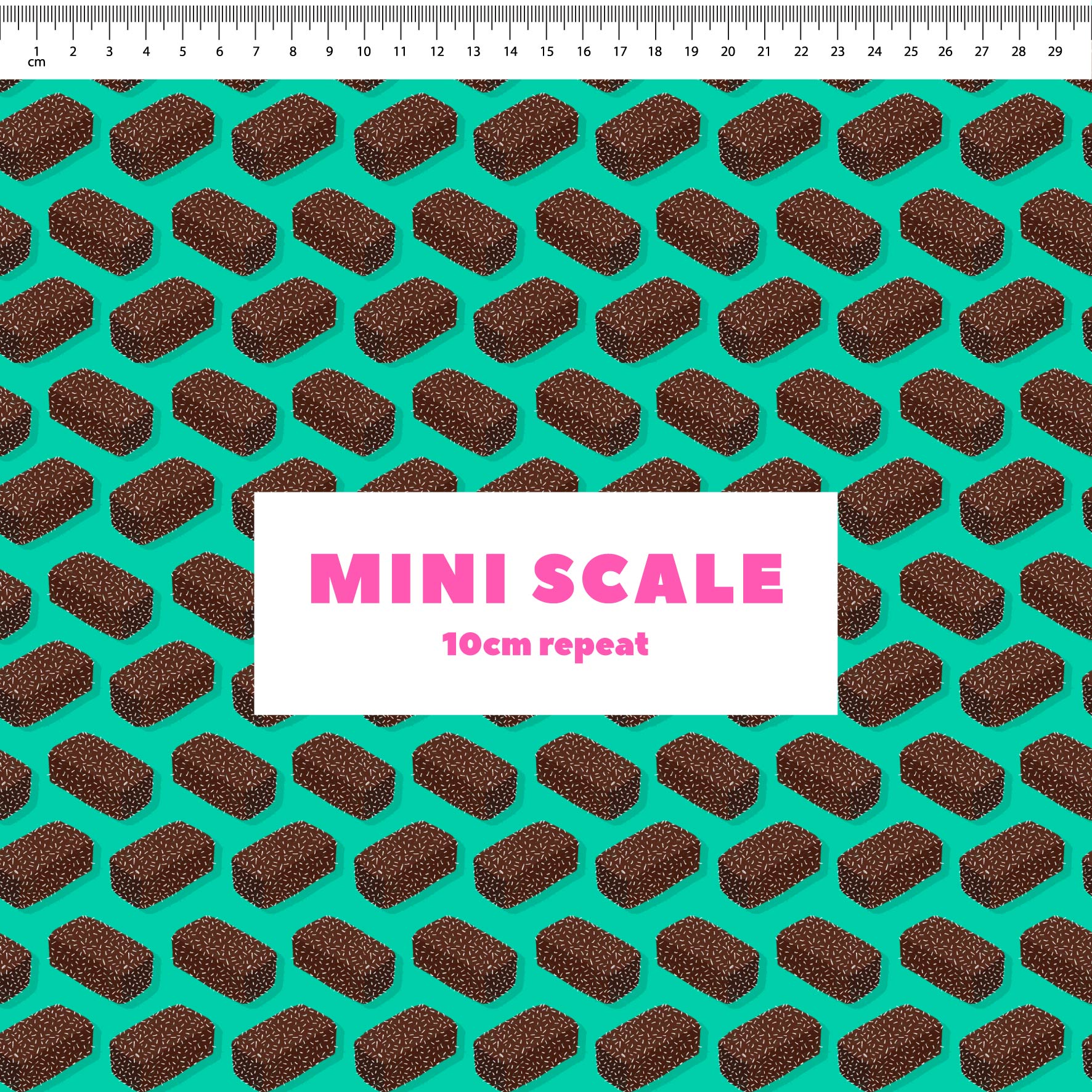 Lamingtons (Teal) printed cotton fabric by The Colour Collab in 10cm Mini Scale