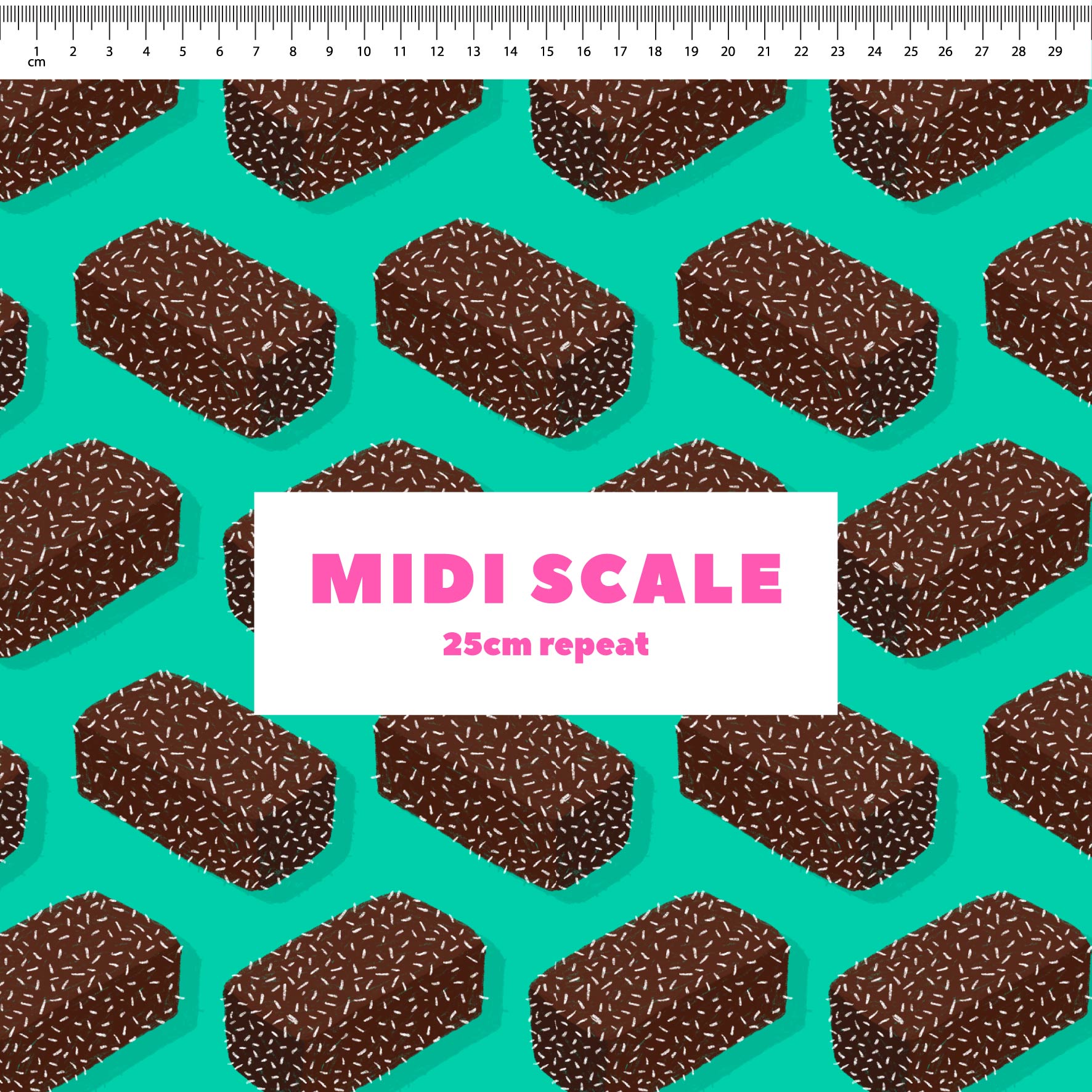 Lamingtons (Teal) fabric design by The Colour Collab in 25cm Midi Scale