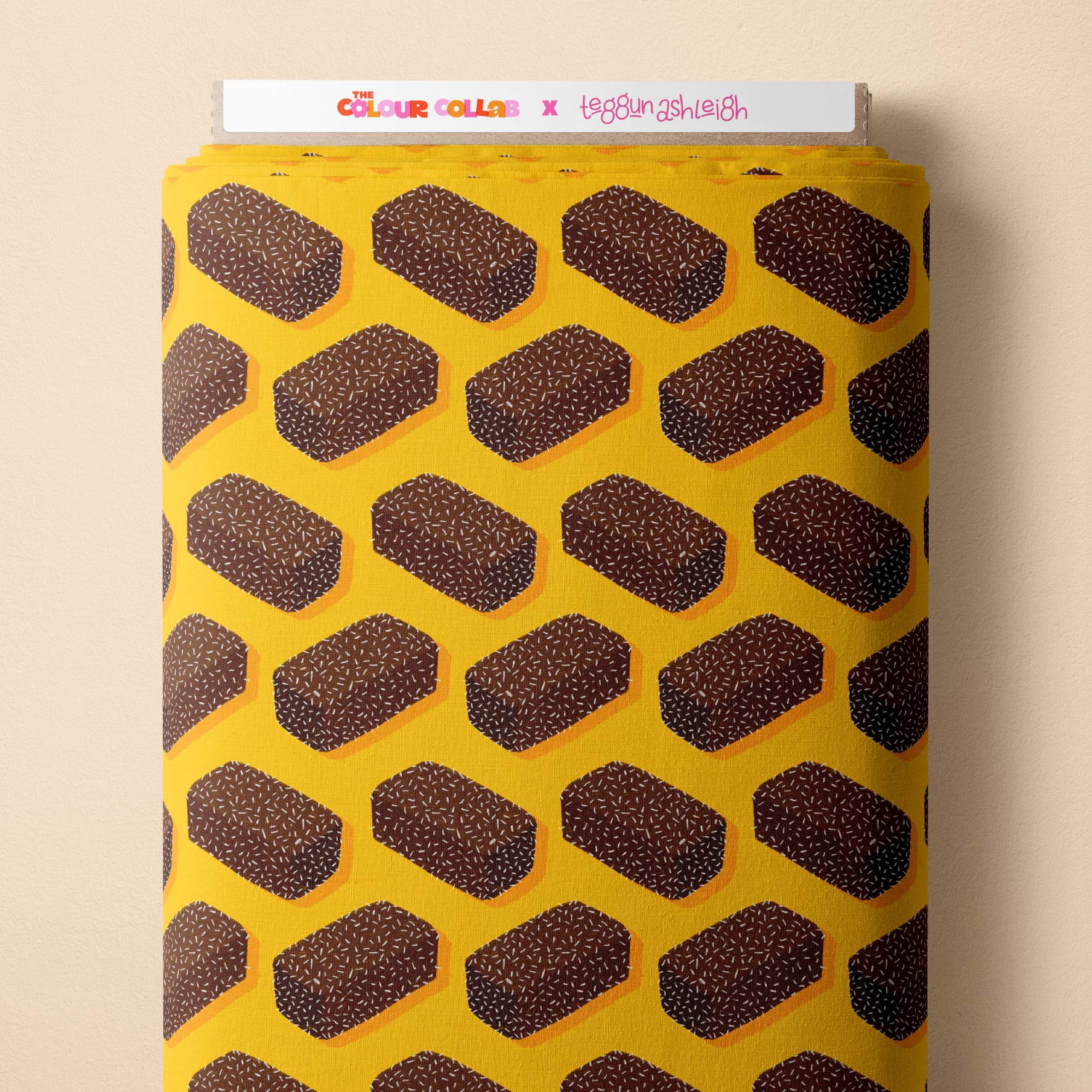 Lamingtons (Yellow) fabric by The Colour Collab mock up on fabric bolt