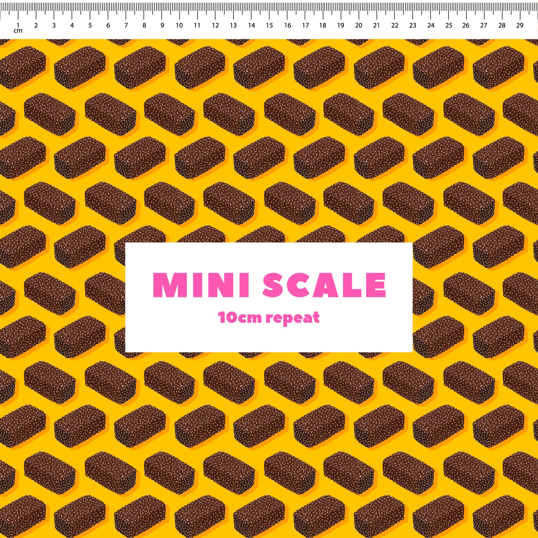 Lamingtons (Yellow) printed cotton fabric by The Colour Collab in 10cm Mini Scale