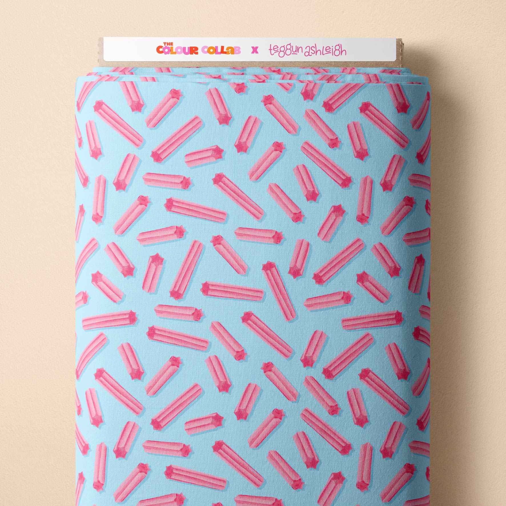 Musk Sticks (Blue) fabric by The Colour Collab mock up on fabric bolt