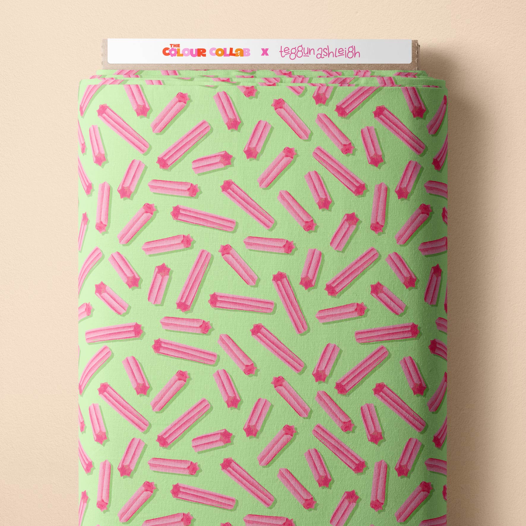 Musk Sticks (Green) fabric by The Colour Collab mock up on fabric bolt