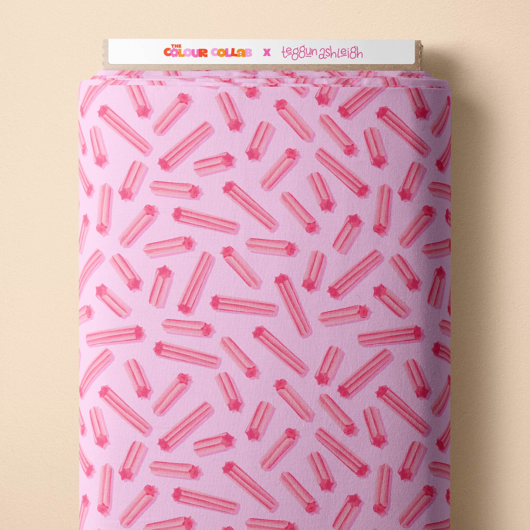 Musk Sticks (Pink) fabric by The Colour Collab mock up on fabric bolt
