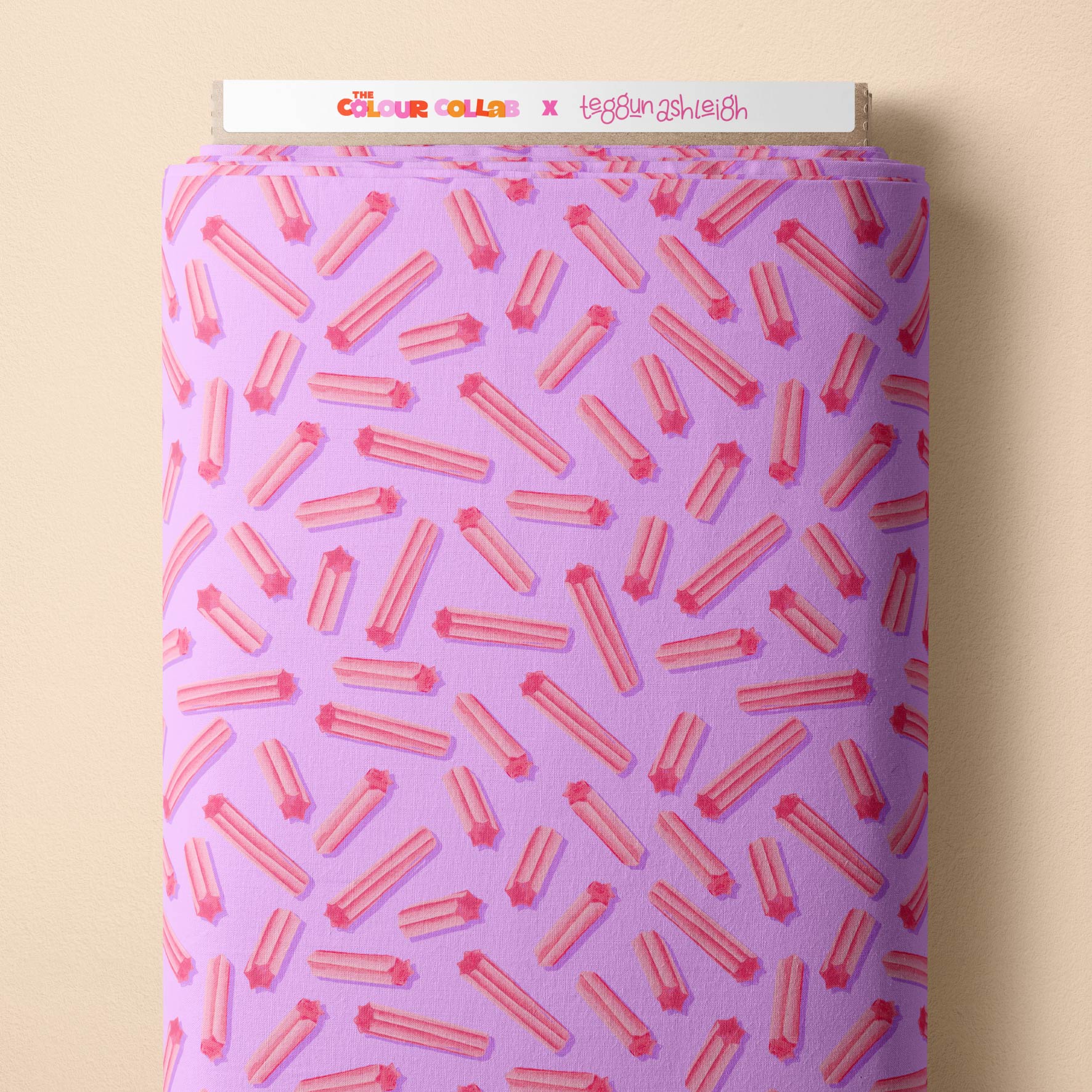Musk Sticks (Purple) fabric by The Colour Collab mock up on fabric bolt