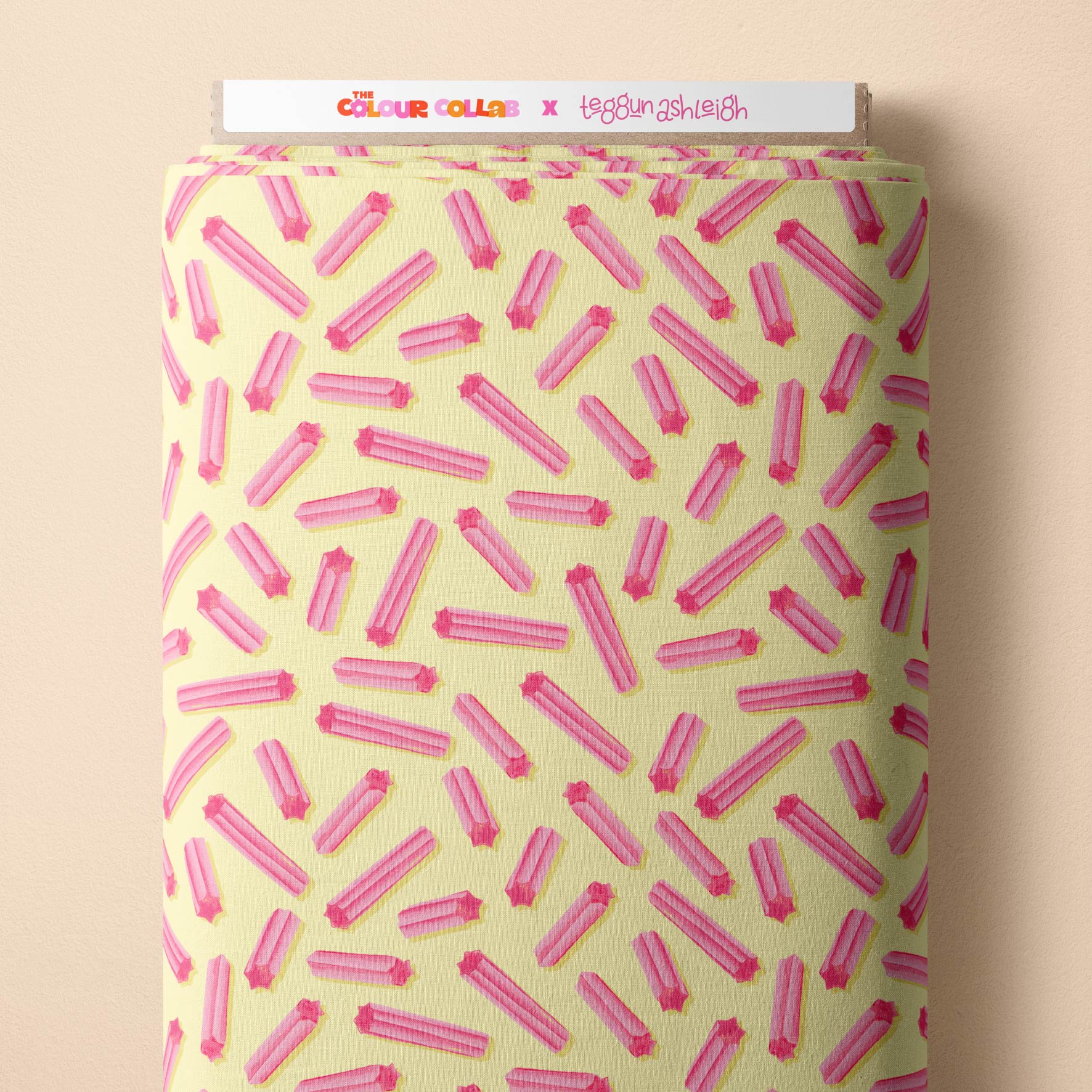 Musk Sticks (Yellow) fabric by The Colour Collab mock up on fabric bolt