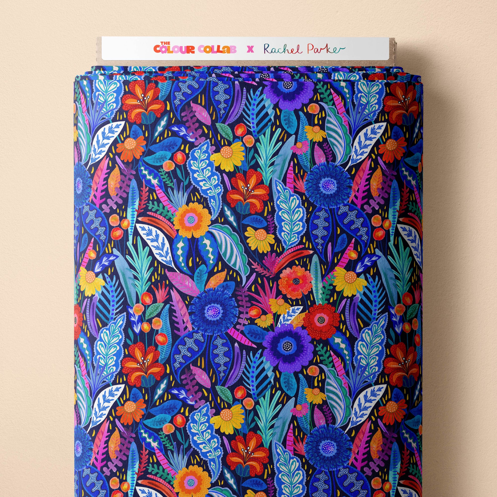 Neon Bloom (Navy) fabric by Rachel Parker mock up on fabric bolt