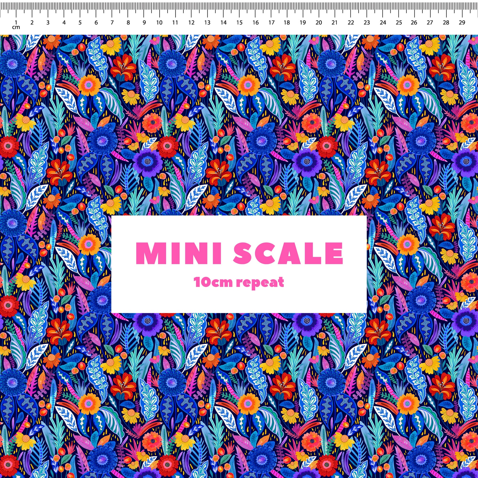 Neon Bloom (Navy) printed cotton fabric by Rachel Parker in 10cm Mini Scale