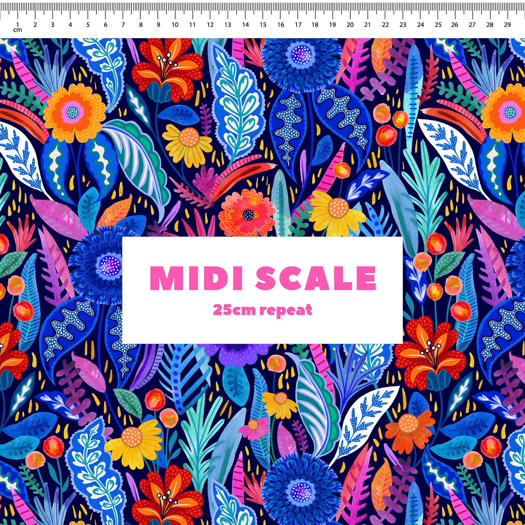 Neon Bloom (Navy) fabric design by Rachel Parker in 25cm Midi Scale