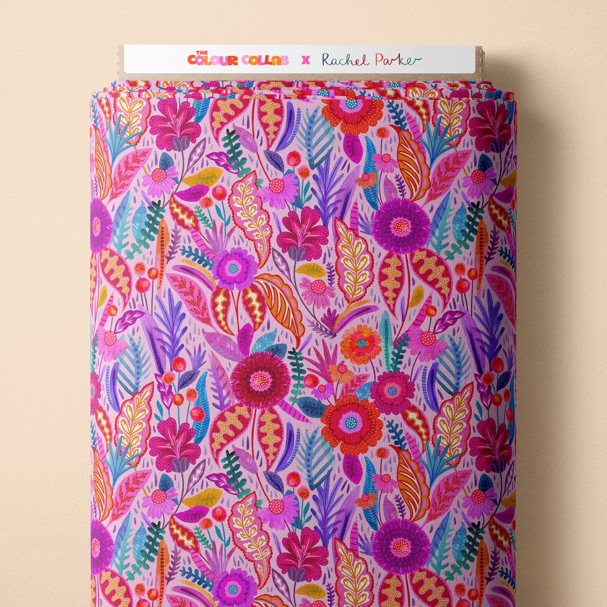 Neon Bloom (Rose) fabric by Rachel Parker mock up on fabric bolt