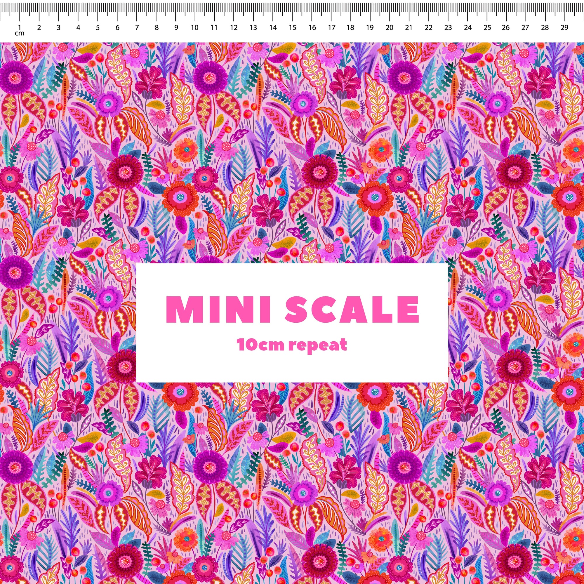 Neon Bloom (Rose) printed cotton fabric by Rachel Parker in 10cm Mini Scale