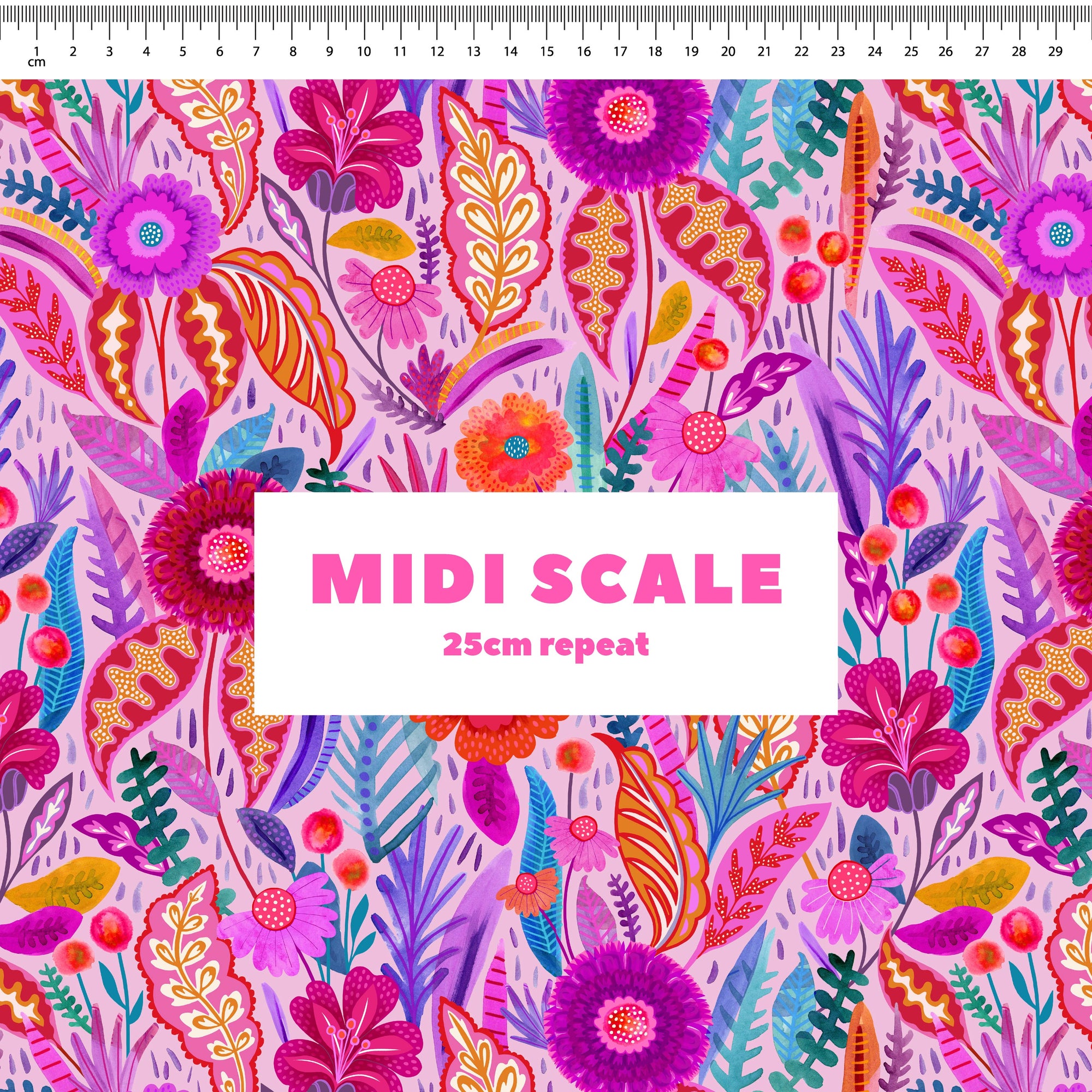 Neon Bloom (Rose) fabric design by Rachel Parker in 25cm Midi Scale