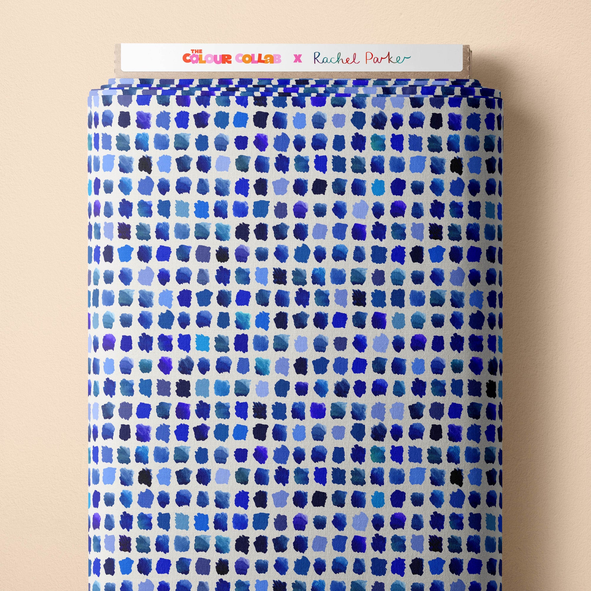 Paint Pallet (Blue) fabric by Rachel Parker mock up on fabric bolt