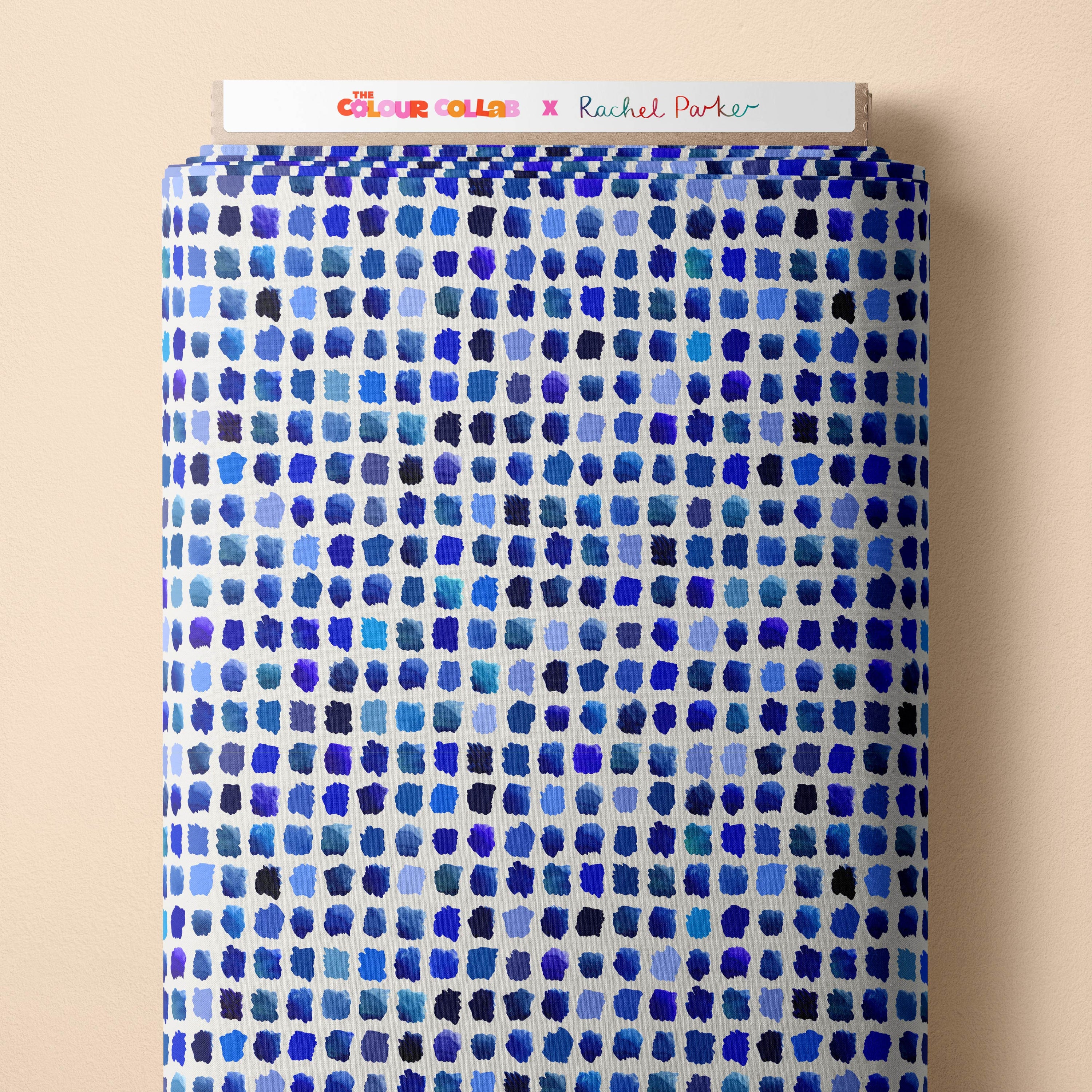 Paint Pallet (Blue) fabric by Rachel Parker mock up on fabric bolt