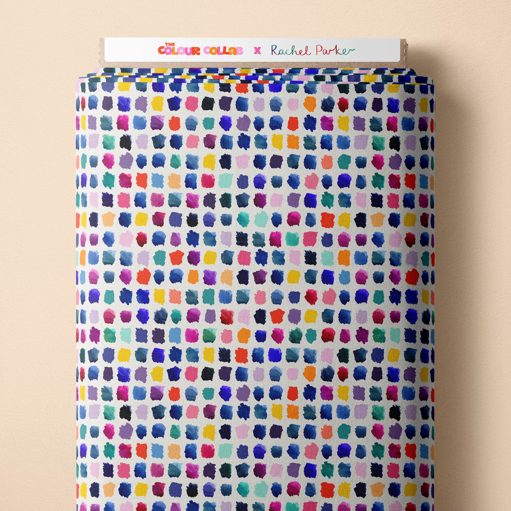 Paint Pallet (Multi) fabric by Rachel Parker mock up on fabric bolt