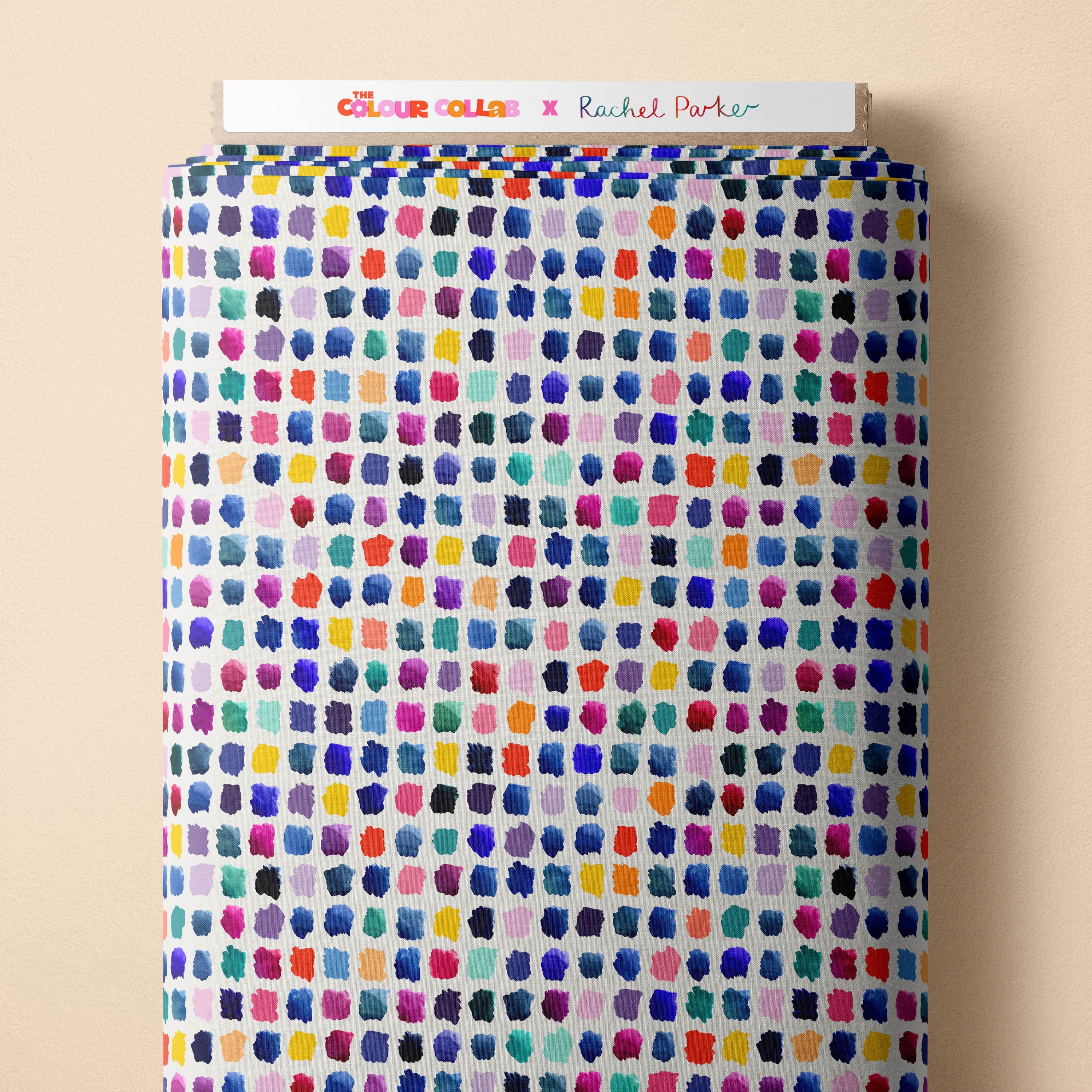 Paint Pallet (Multi) fabric by Rachel Parker mock up on fabric bolt