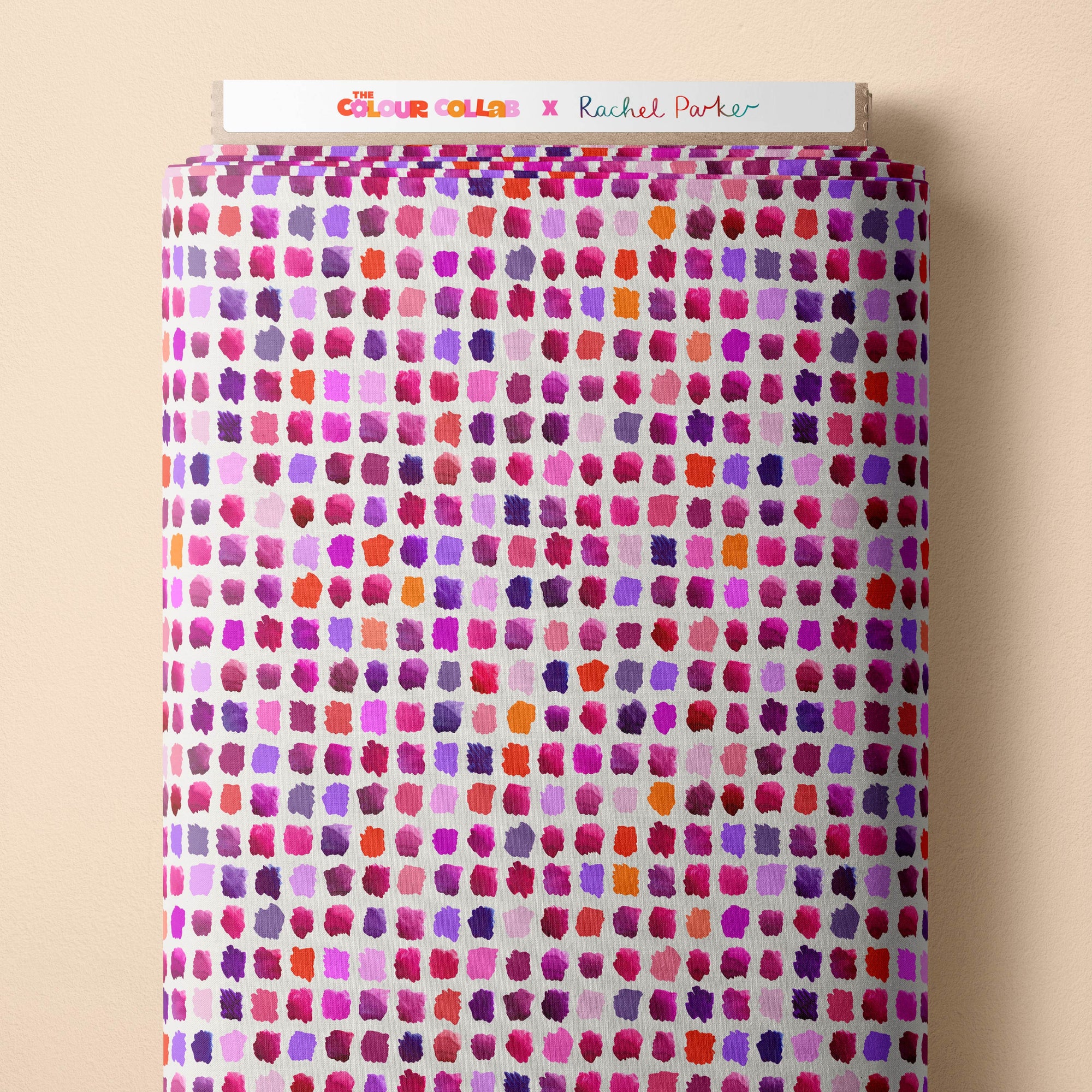 Paint Pallet (Pink) fabric by Rachel Parker mock up on fabric bolt