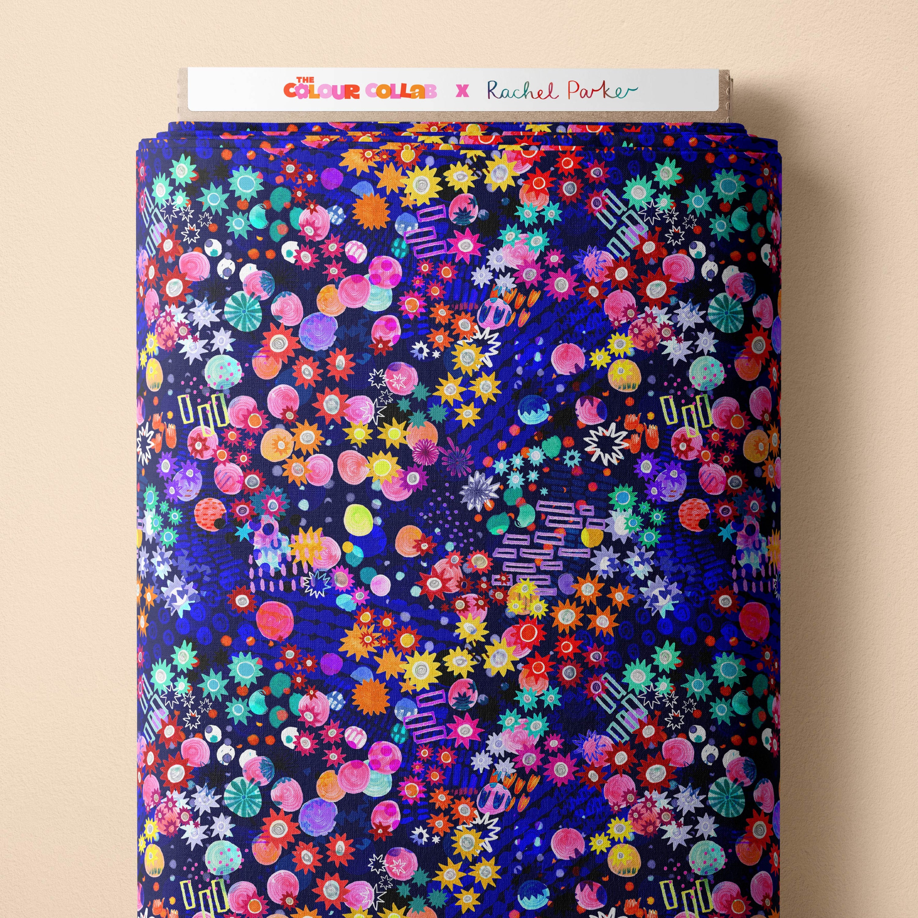 Paintbox (Navy) fabric by Rachel Parker mock up on fabric bolt
