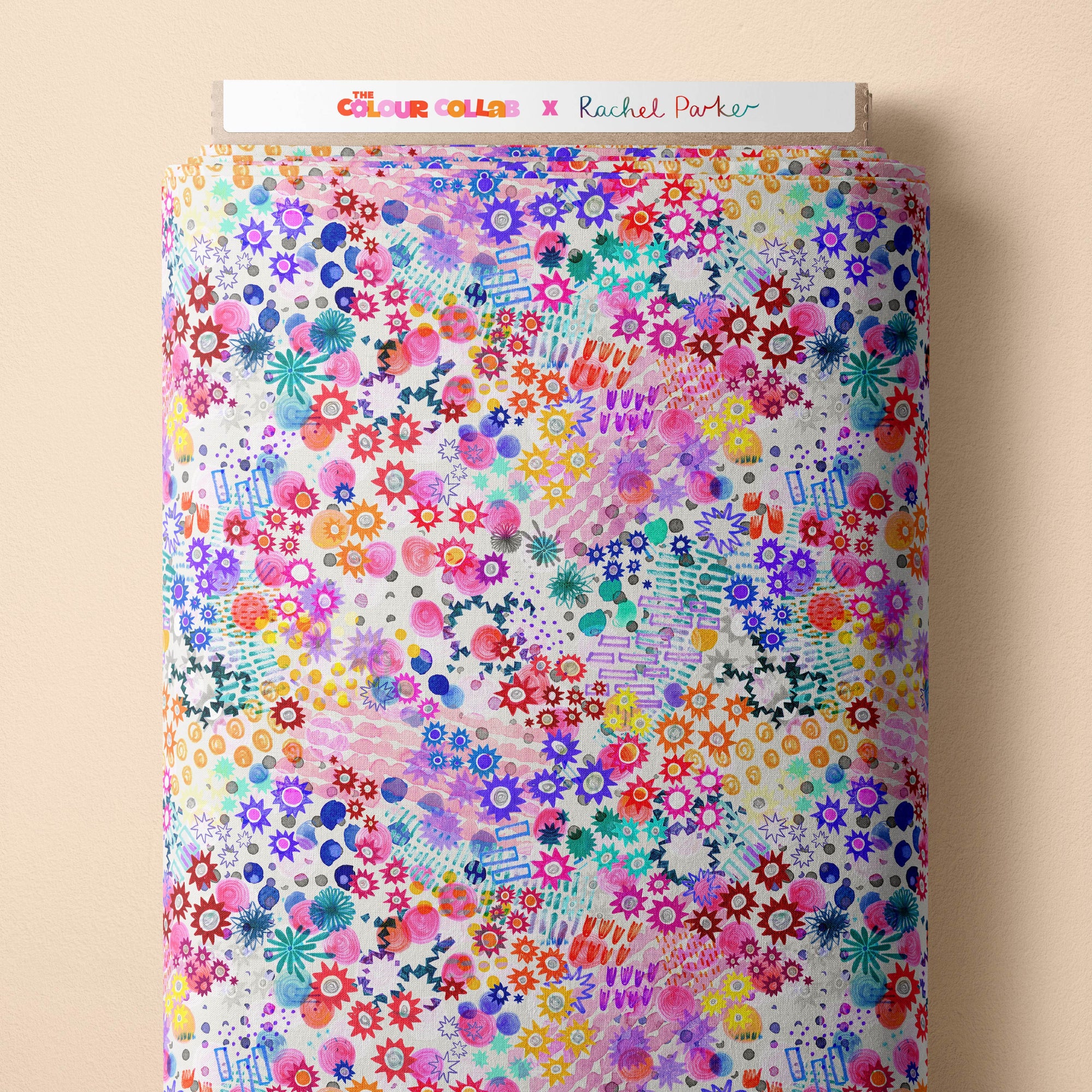 Paintbox (White) fabric by Rachel Parker mock up on fabric bolt