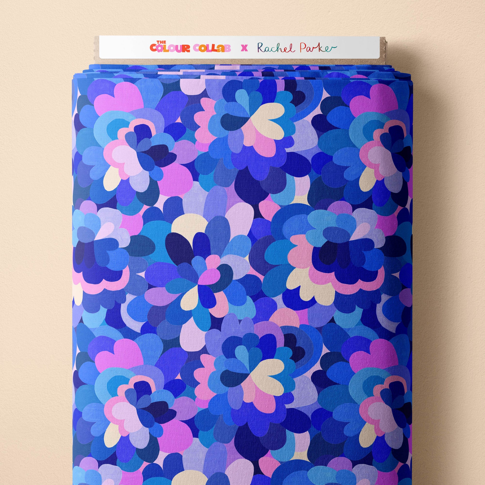 Petal Pallet (Blue) fabric by Rachel Parker mock up on fabric bolt