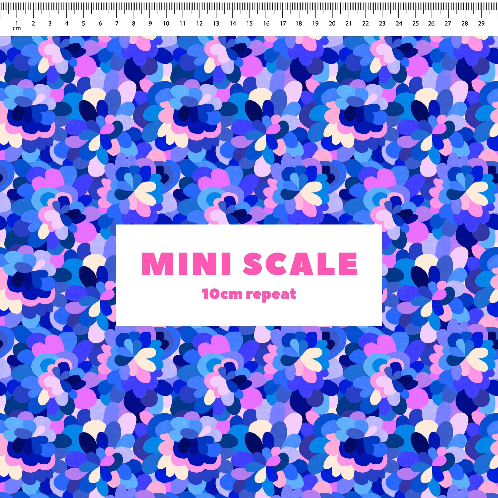 Petal Pallet (Blue) printed cotton fabric by Rachel Parker in 10cm Mini Scale
