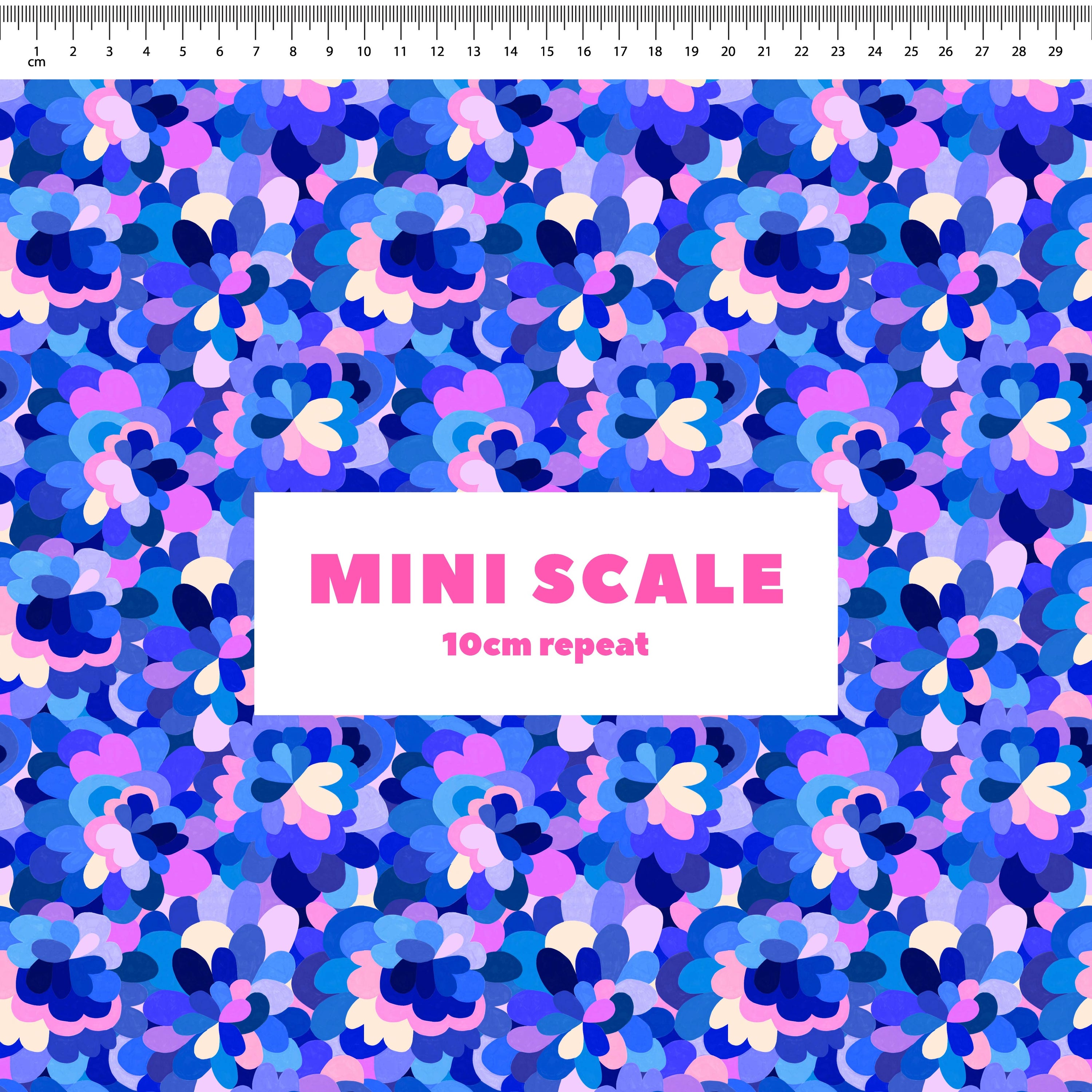 Petal Pallet (Blue) printed cotton fabric by Rachel Parker in 10cm Mini Scale