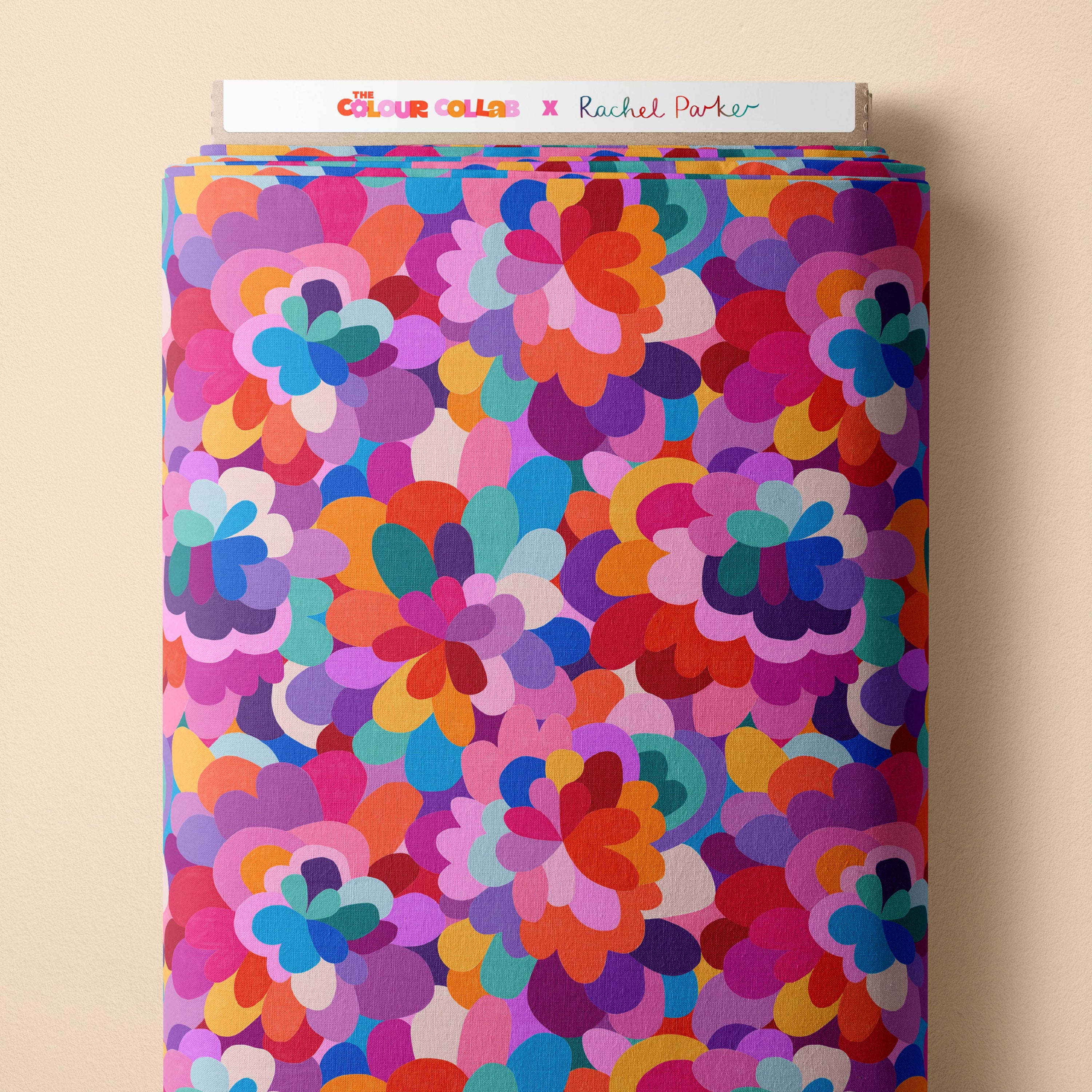 Petal Pallet (Multi) fabric by Rachel Parker mock up on fabric bolt