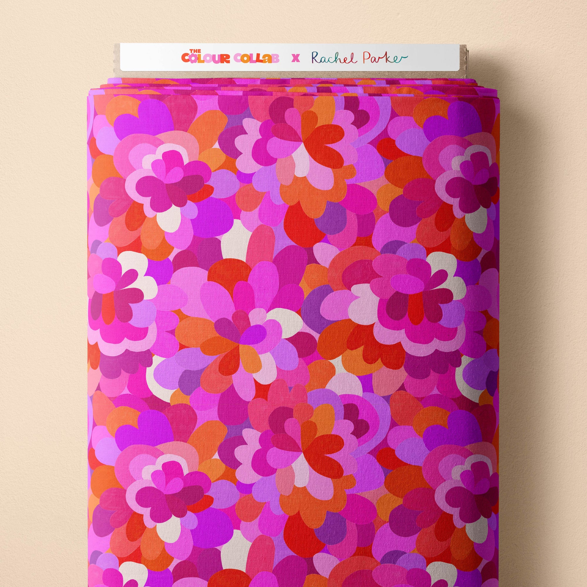 Petal Pallet (Pink) fabric by Rachel Parker mock up on fabric bolt
