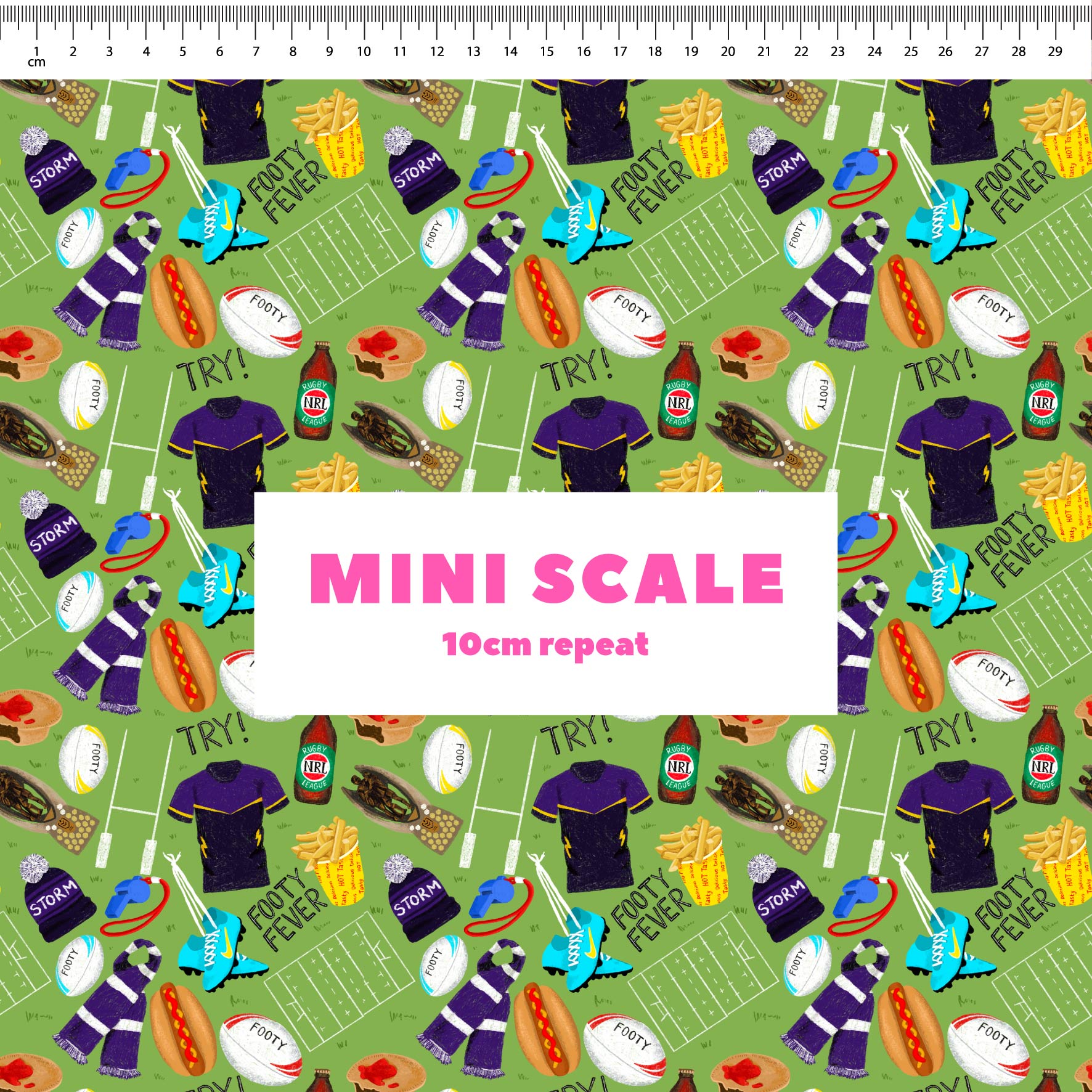 Footy Fever (Storm) - 1m - Cotton Drill - Mini Scale