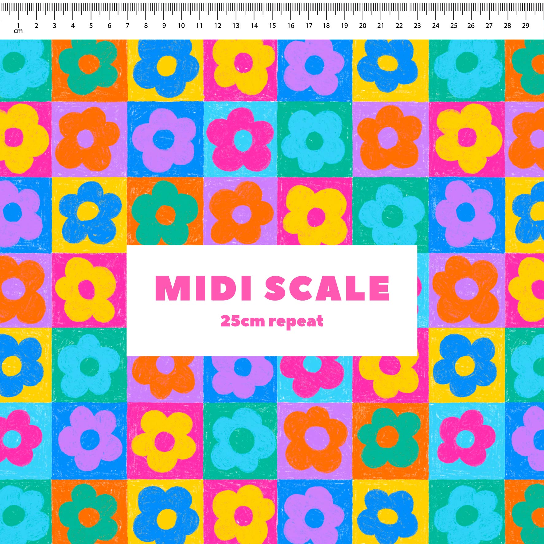 Retro Floral Squares - 2m - Cotton Poplin - Midi Scale
