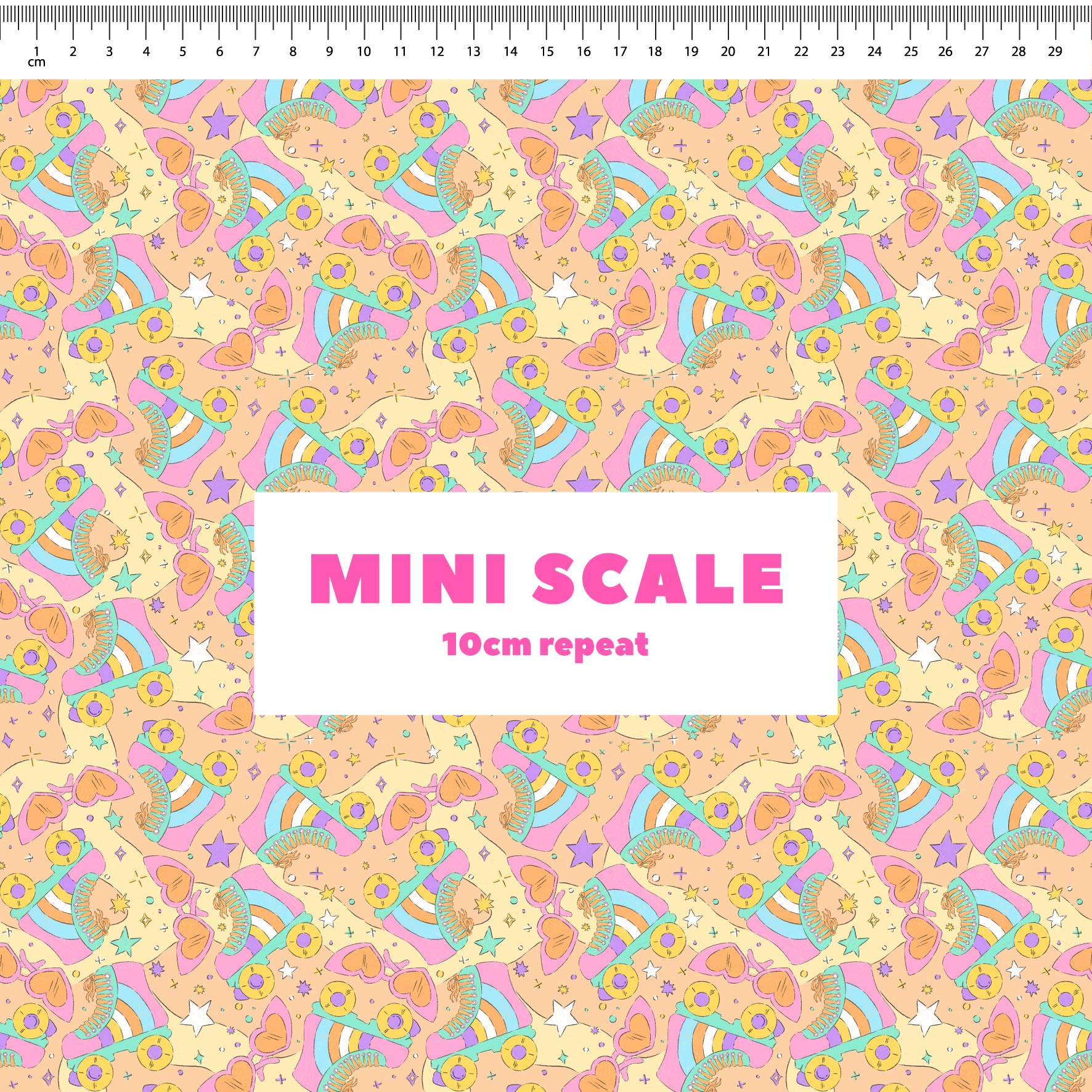 Retro Skates (Orange) printed cotton fabric by The Colour Collab in 10cm Mini Scale