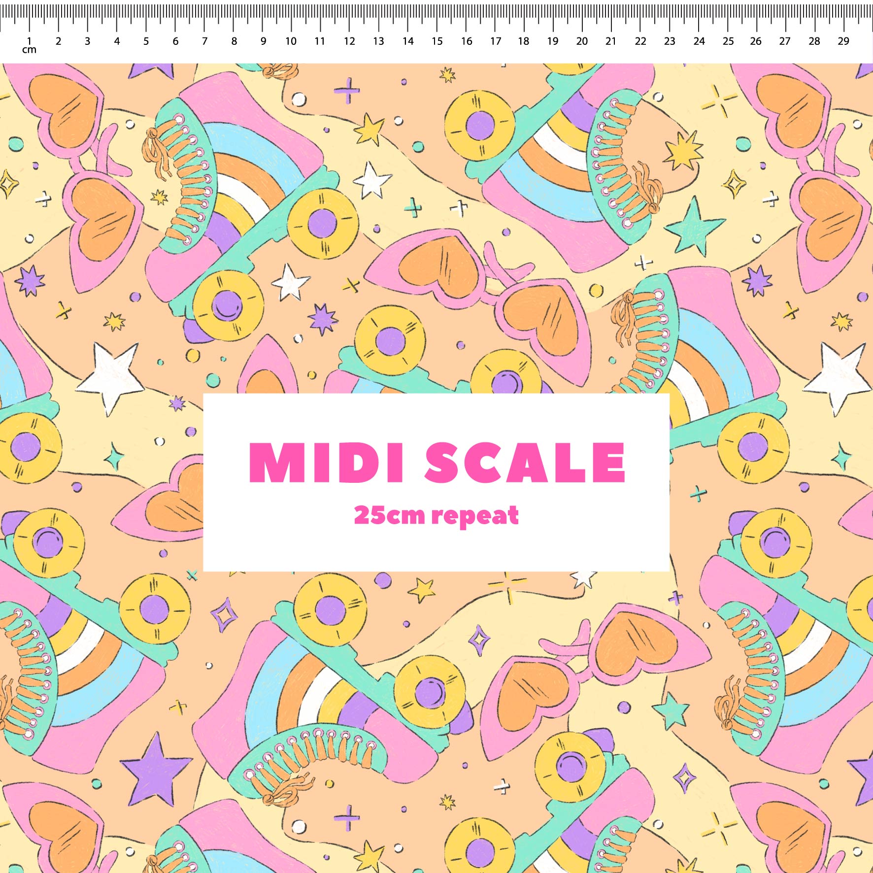 Retro Skates (Orange) fabric design by The Colour Collab in 25cm Midi Scale