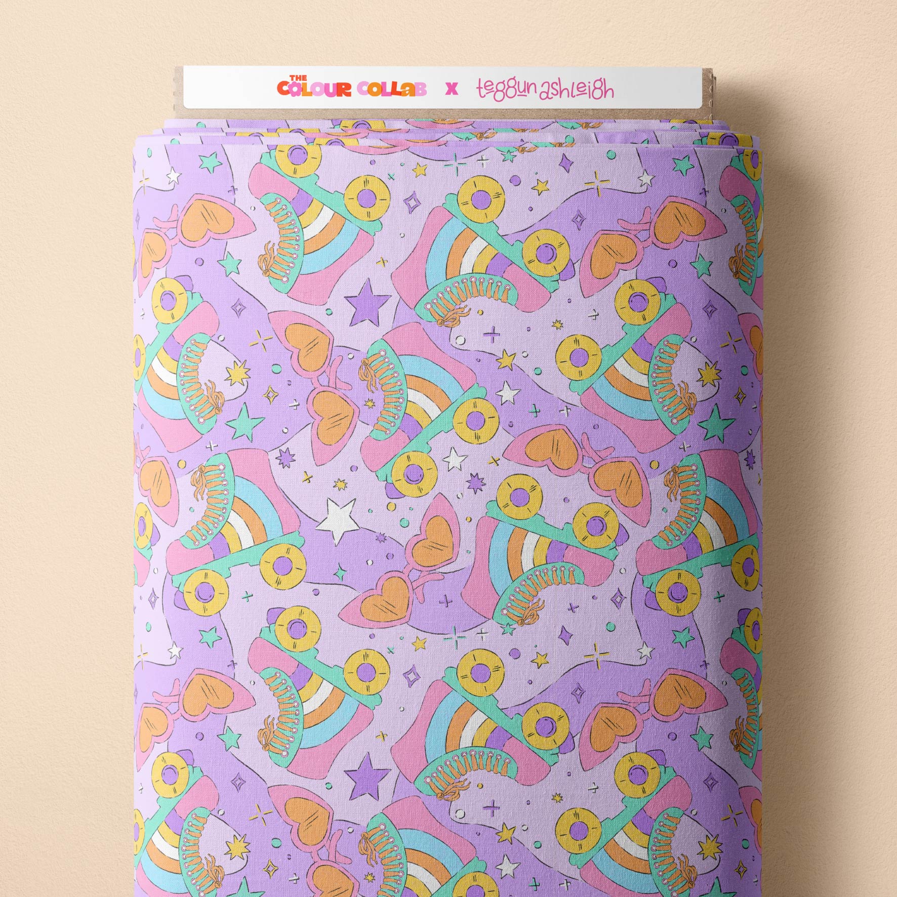 Retro Skates (Purple) fabric by The Colour Collab mock up on fabric bolt