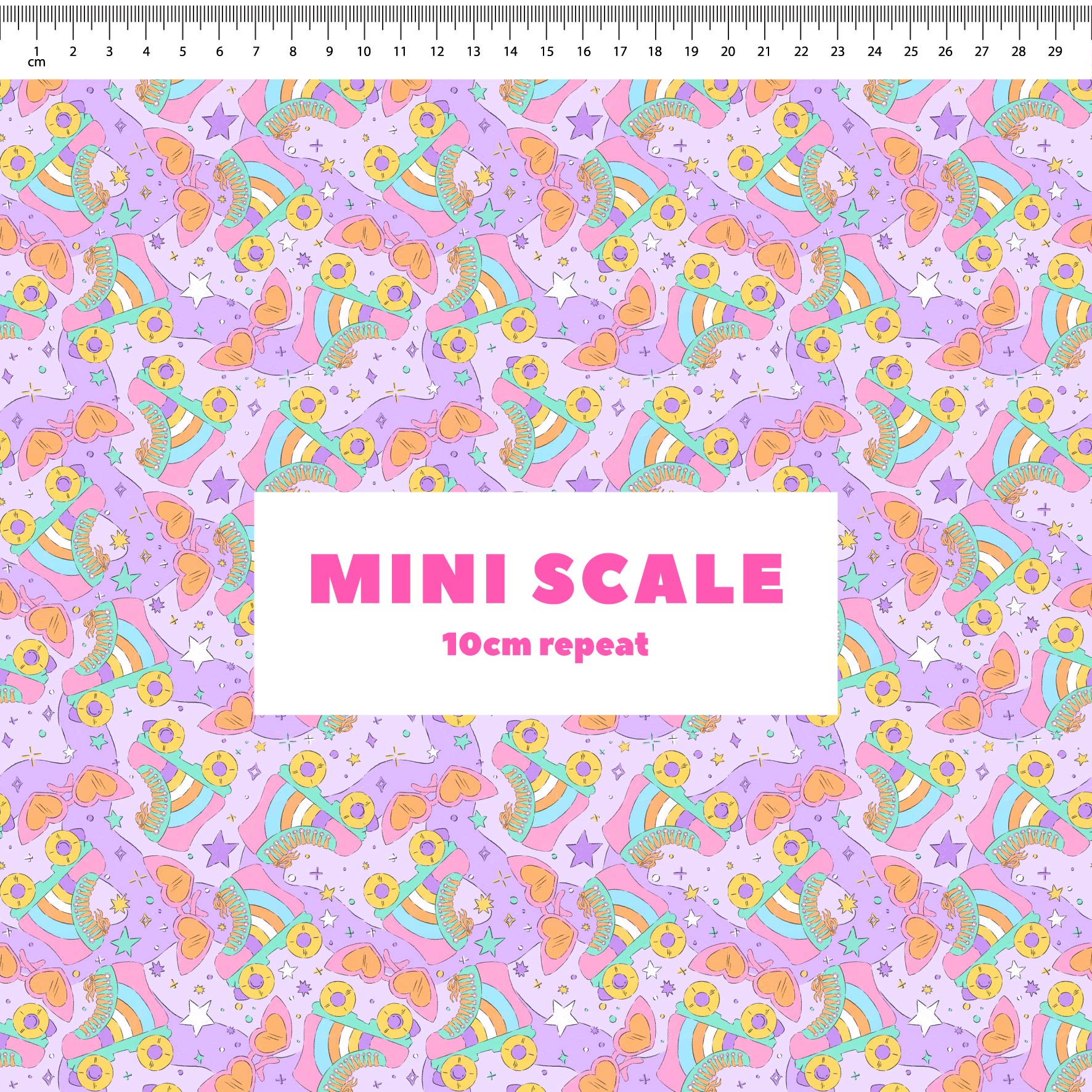 Retro Skates (Purple) printed cotton fabric by The Colour Collab in 10cm Mini Scale