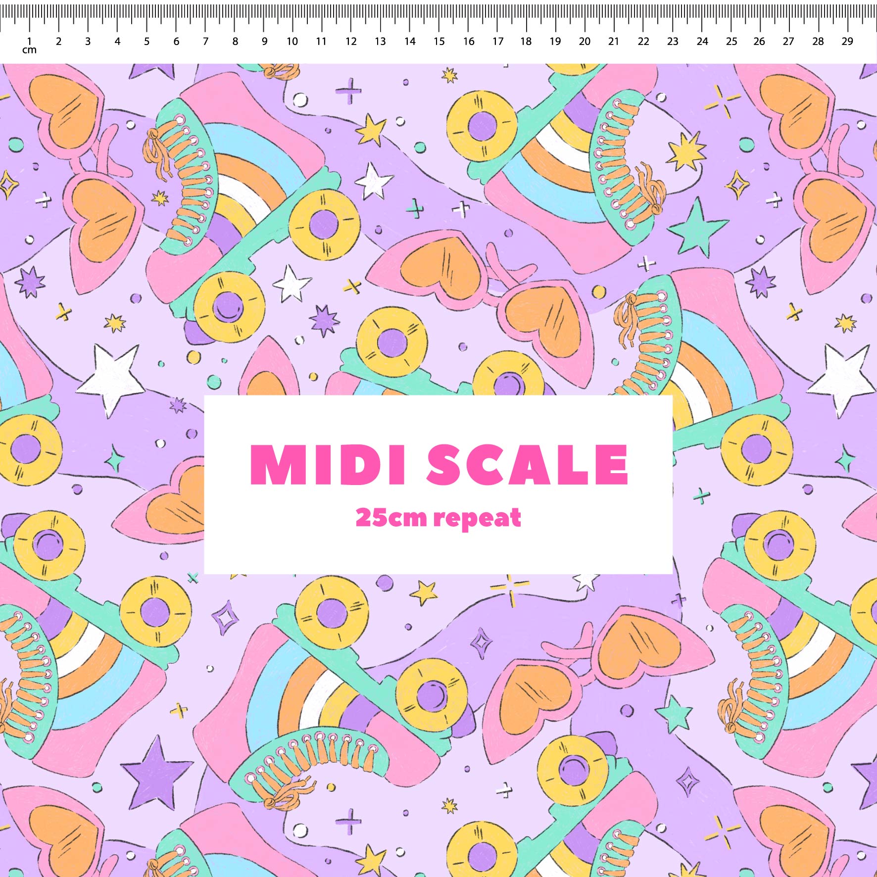 Retro Skates (Purple) fabric design by The Colour Collab in 25cm Midi Scale