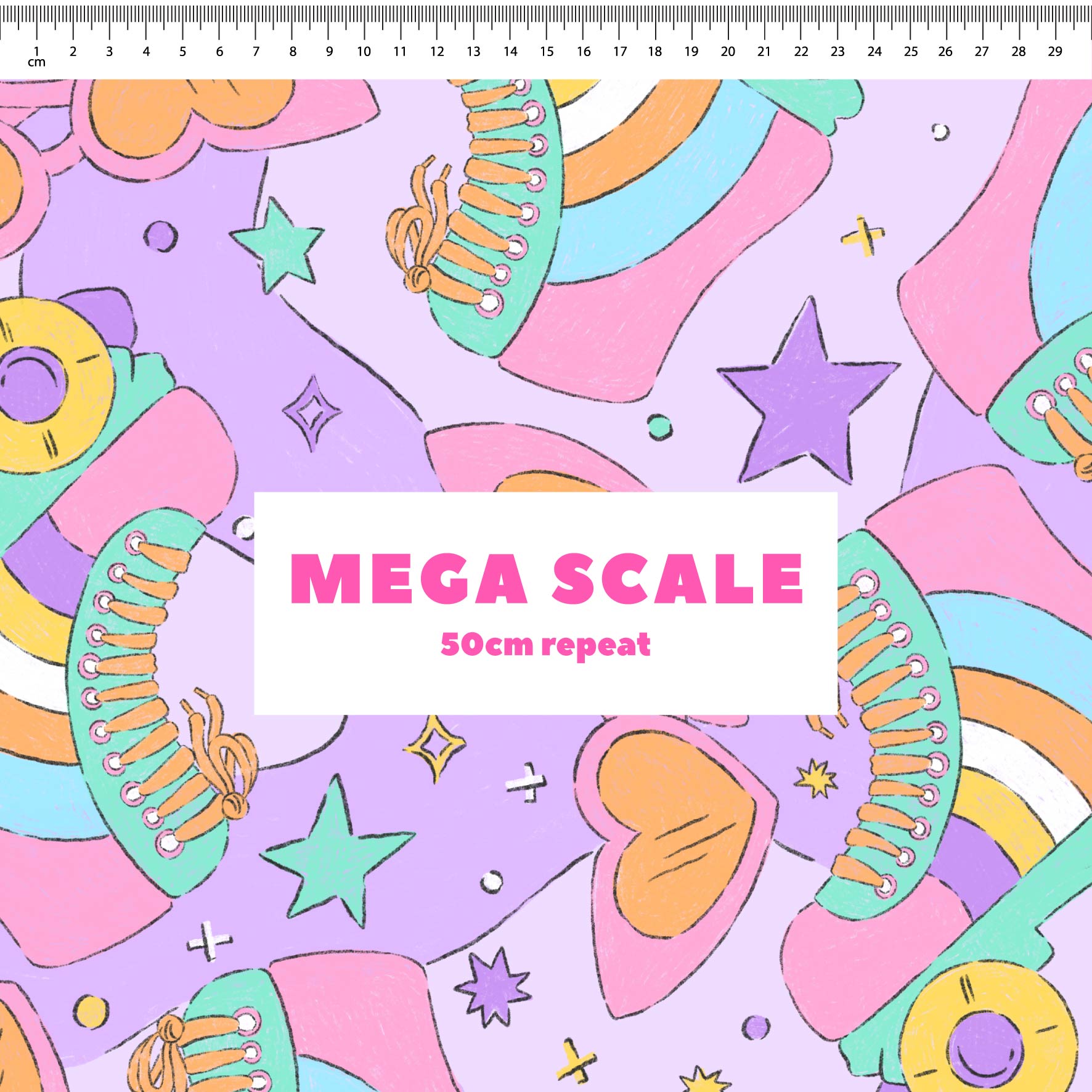 Retro Skates (Purple) fabric print by The Colour Collab in 50cm Mega Scale