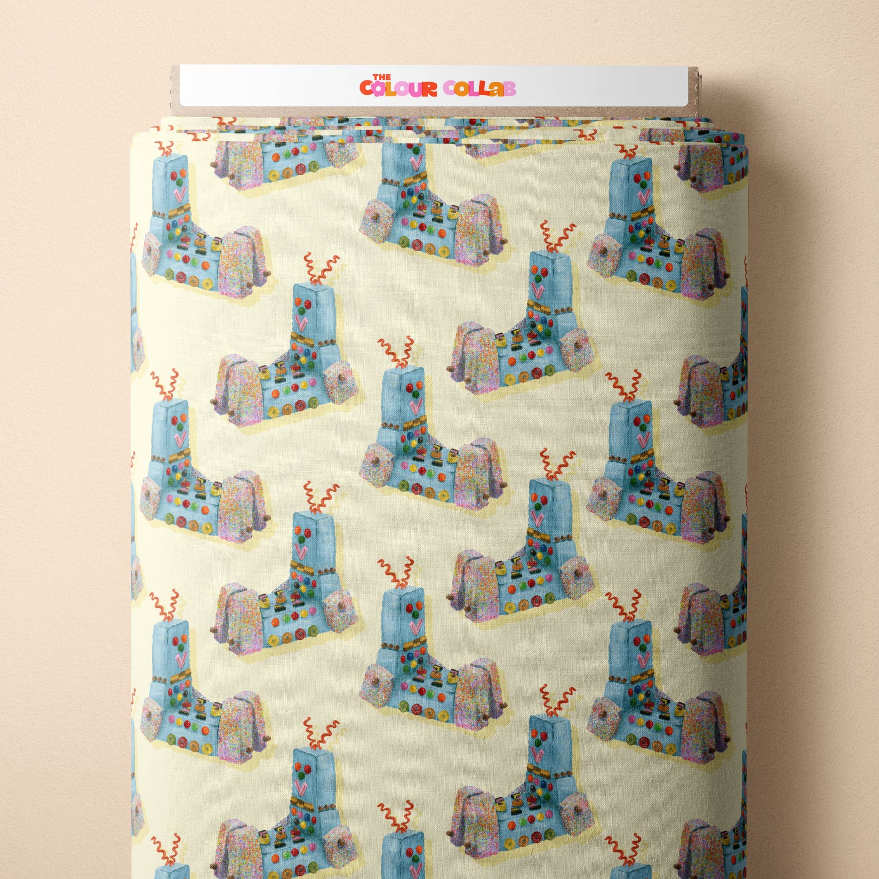 Retro Robots Cake (Yellow) - 0.5m - Quilting Cotton - Midi Scale